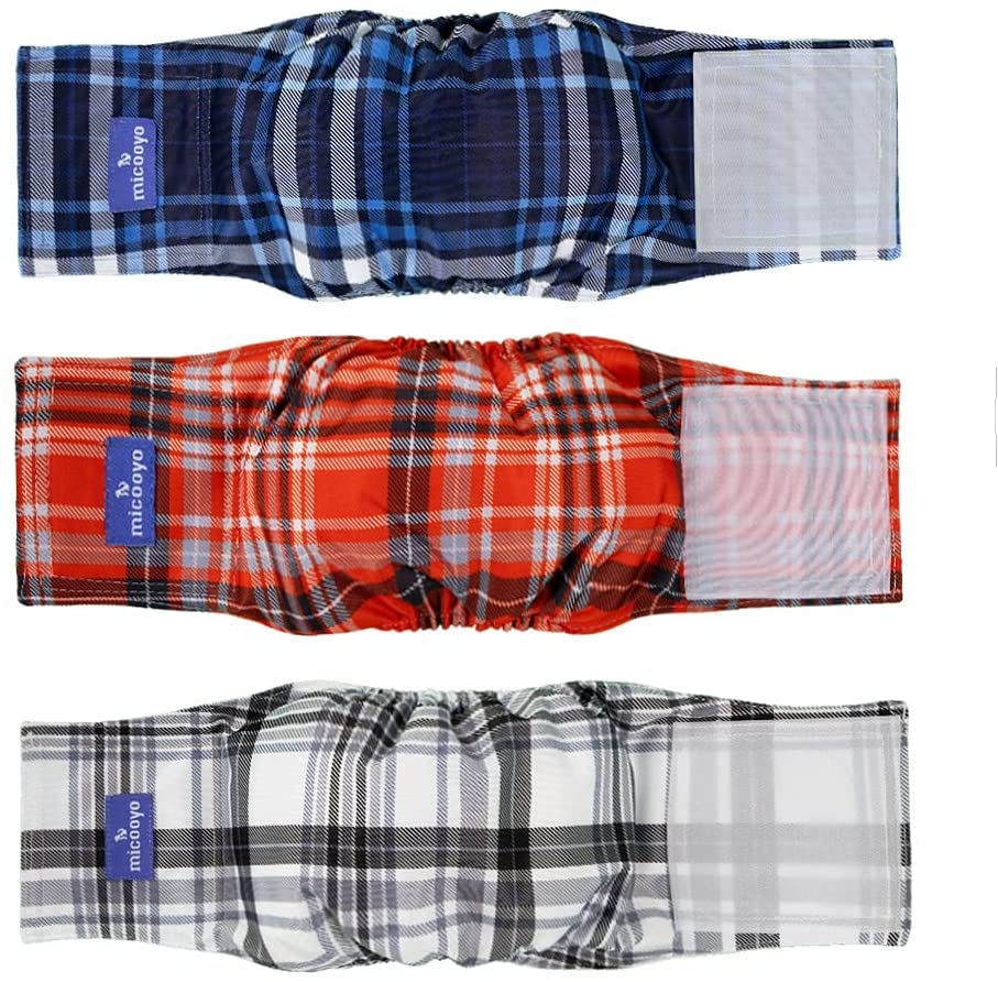 Micooyo Washable Belly Bands For Male Dogs | Reusable Doggie Diapers | Absorbent Doggy Wraps With Adjustable Fastener - Medium (Pack Of 3, Plaid Red & Blue & Grey)