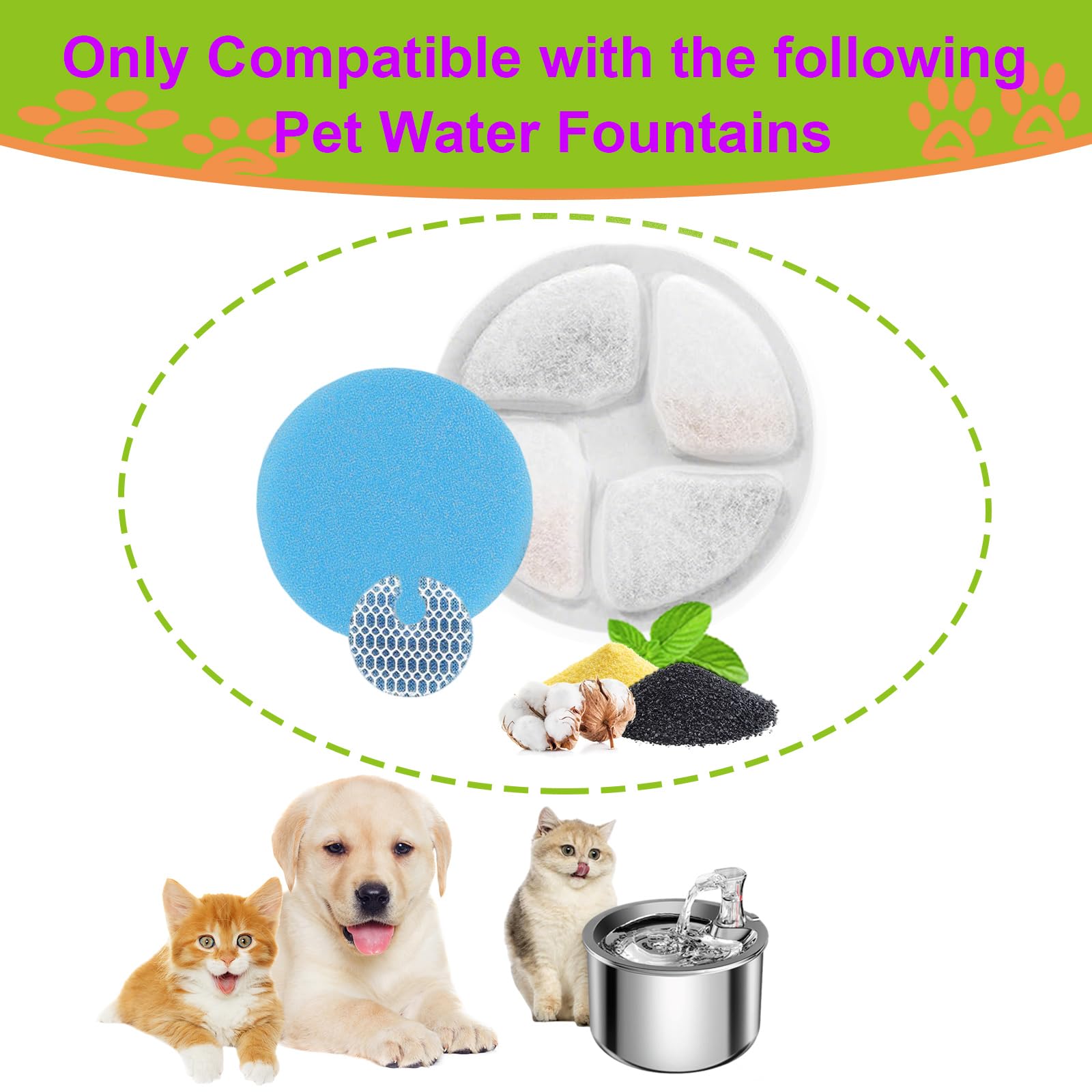 Cat Water Fountain Filter,Cat Fountain Filters Replacement for Round 2L/67oz Stainless Steel Pet Water Fountain,10 Set Pet Fount