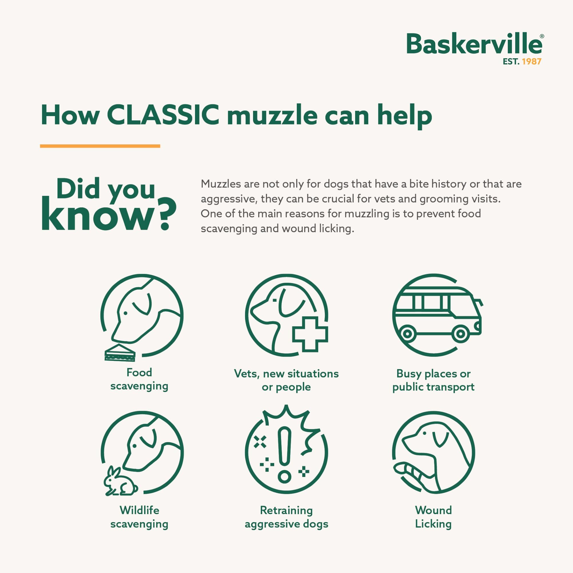 Baskerville Classic Basket Muzzle - Dog can Pant and Drink, Prevents Biting and Food Waste Scavenging, Strong TPR, Breathable Do
