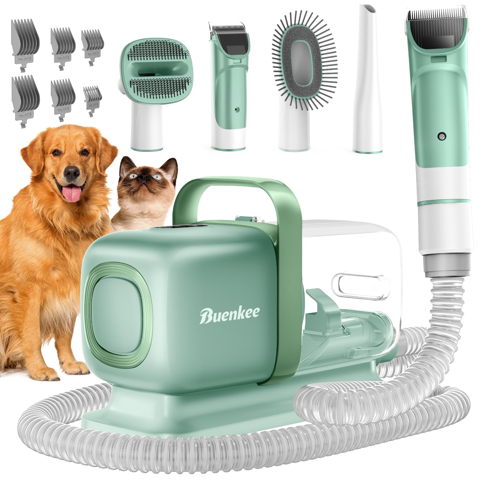 buenkee Dog Grooming Kit with Pet Grooming Vacuum, Dog Clipper, Pet Grooming Shedding Brush, Cleaning Tool in 1, Low Noise Dog V