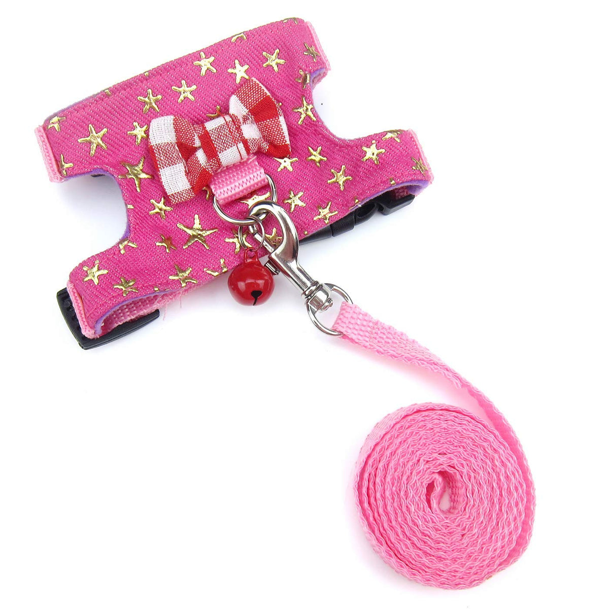 Wontee Small Pet Harness Vest And Leash Set With Bowknot And Bell Decor For Gerbil Guinea Pig Squirrel Kitten Outdoor Walking (M, Pink Star)