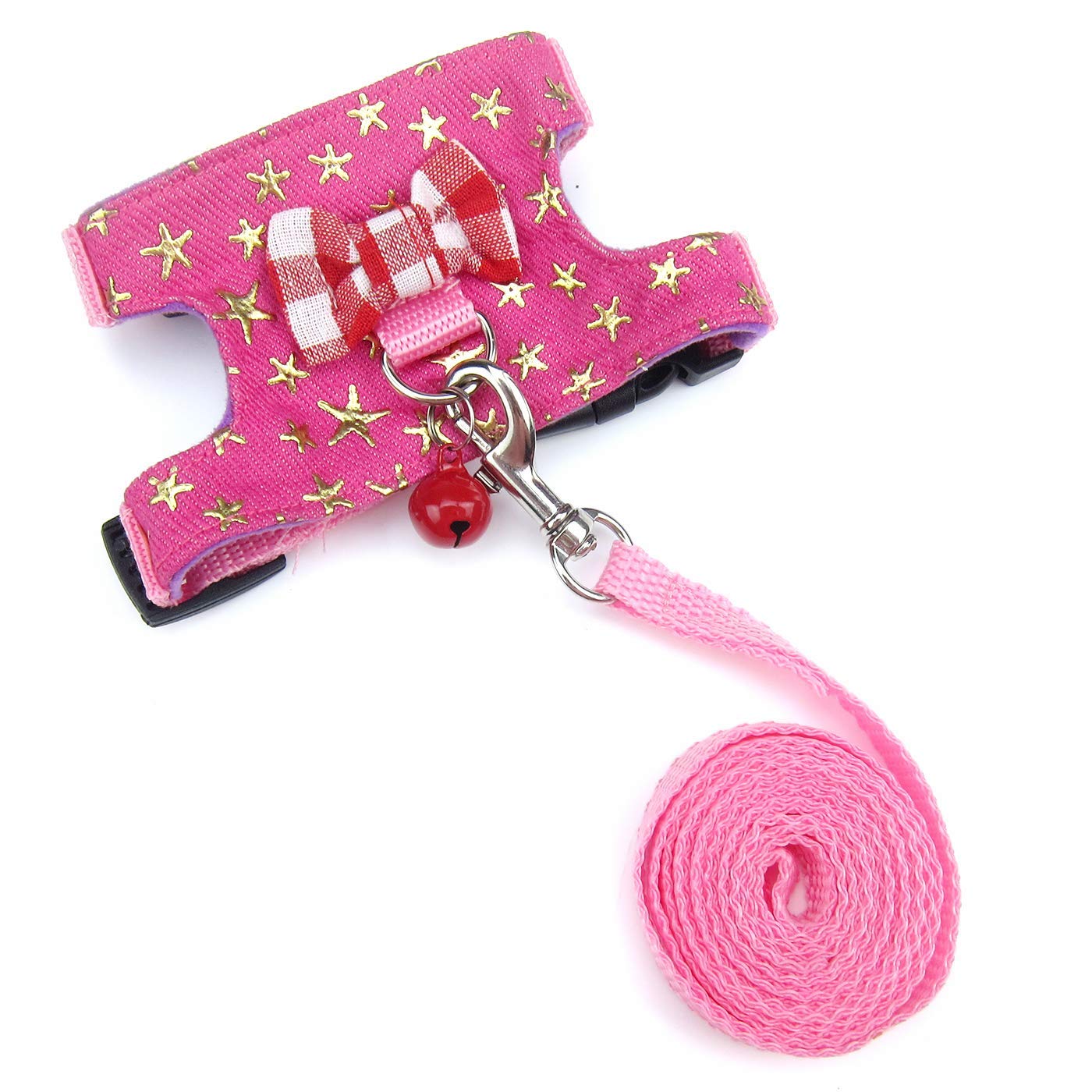 Wontee Small Pet Harness Vest and Leash Set with Bowknot and Bell Decor for Gerbil Guinea Pig Squirrel Kitten Outdoor Walking (S