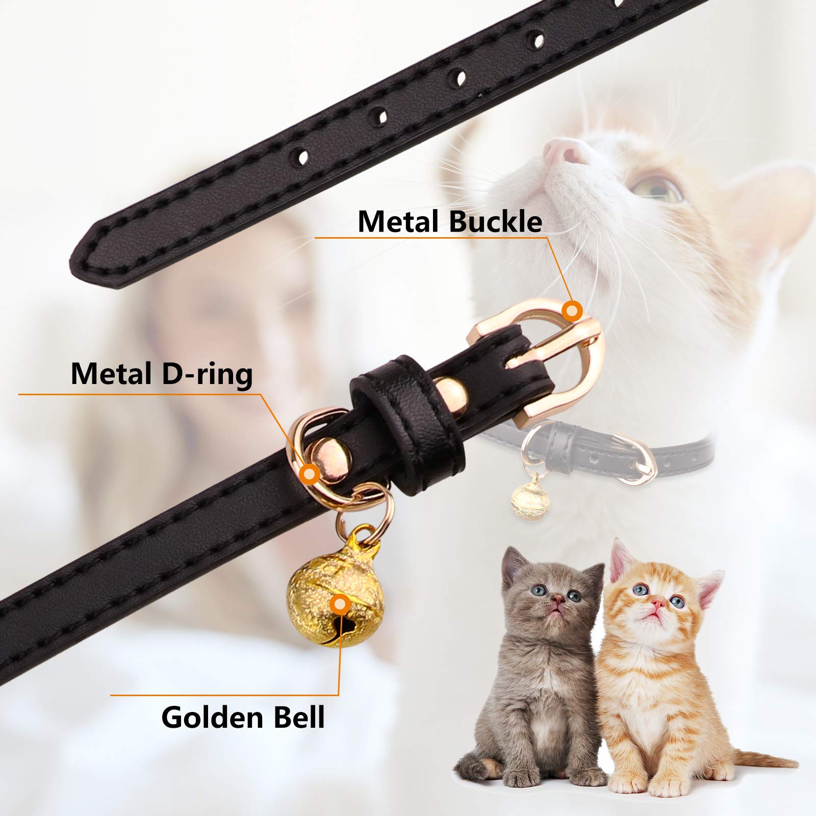 Jamktepat 3 Pack Leather Cat Collars With Bells Soft Pet Safety Collar Kitten Collars With Bell Black Chocolate Beige(Xs)