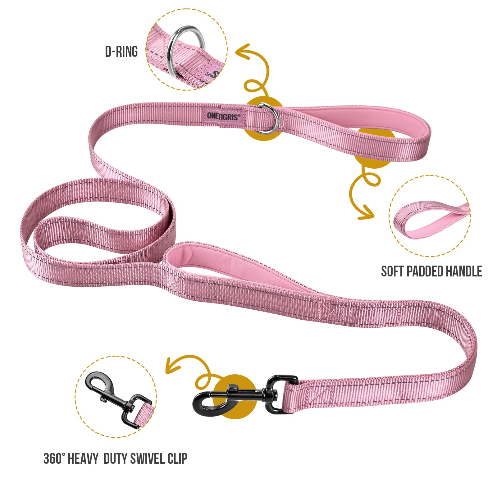 Onetigris Handled No-Pull Dog Walking Leash Long Traffic Leads For Medium To Large Dogs (Pink, 6Ft)