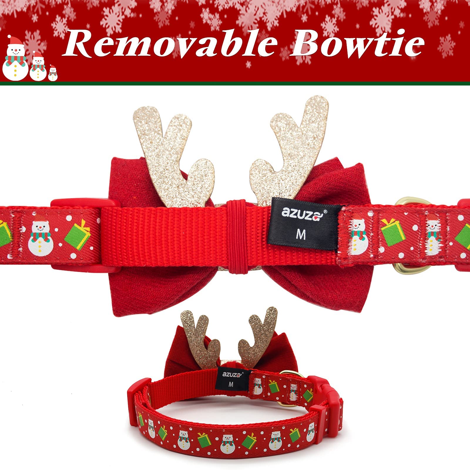 Azuza Christmas Dog Collar Adjustable Xmas Dog Collar With Christmas Antler Bow Tie Accessories Snowman Dog Collar For Puppy And Small Dogs
