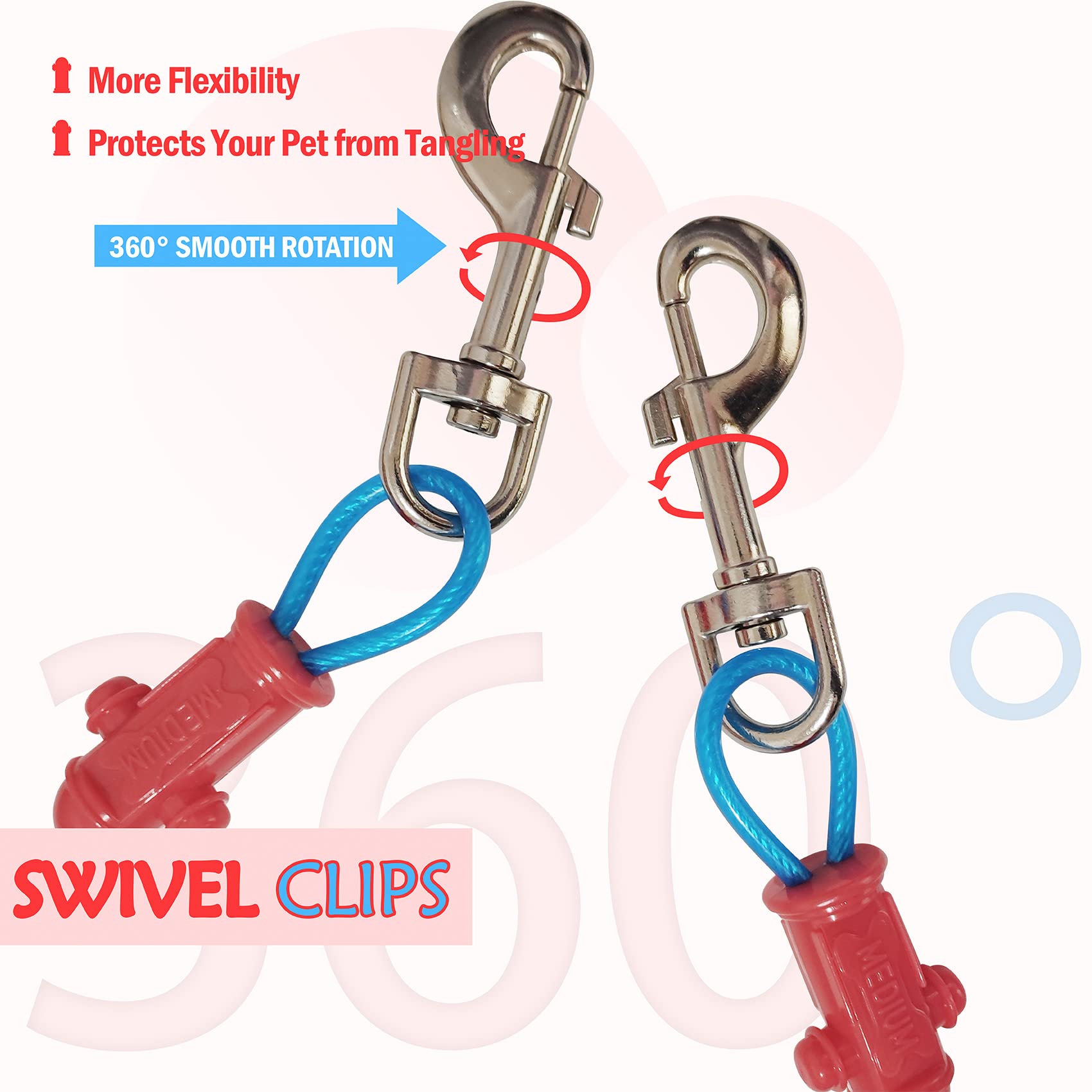 Petest Reflective Tie Out Cable with Crimp Cover for Medium Dogs Up to 60 Pounds, 30 Feet