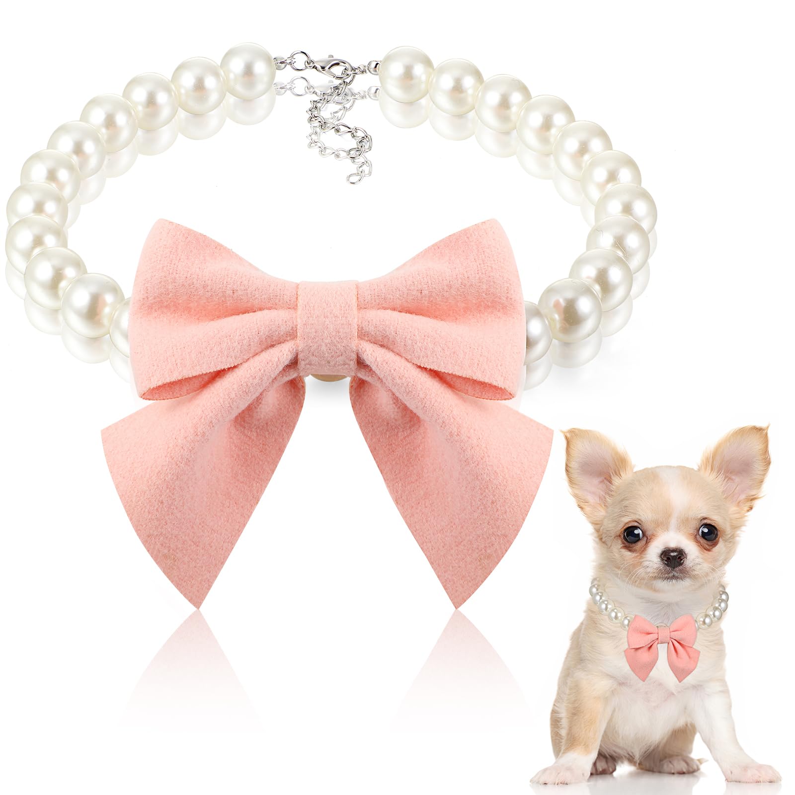 Leifide Dog Pearls Collar Necklace Jewelry With Pink Bow Pendant Fancy Pearls Pet Collars Adjustable Dog Cat Necklace For Weddin