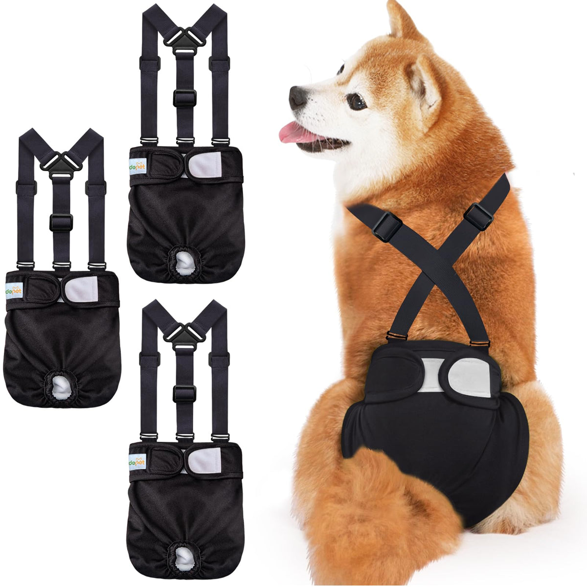 Idepet Female Dog Diapers With Suspender Detachable, 3 Pack Washable Reusable Girl Doggie Diapers For Small Medium Female Dog In