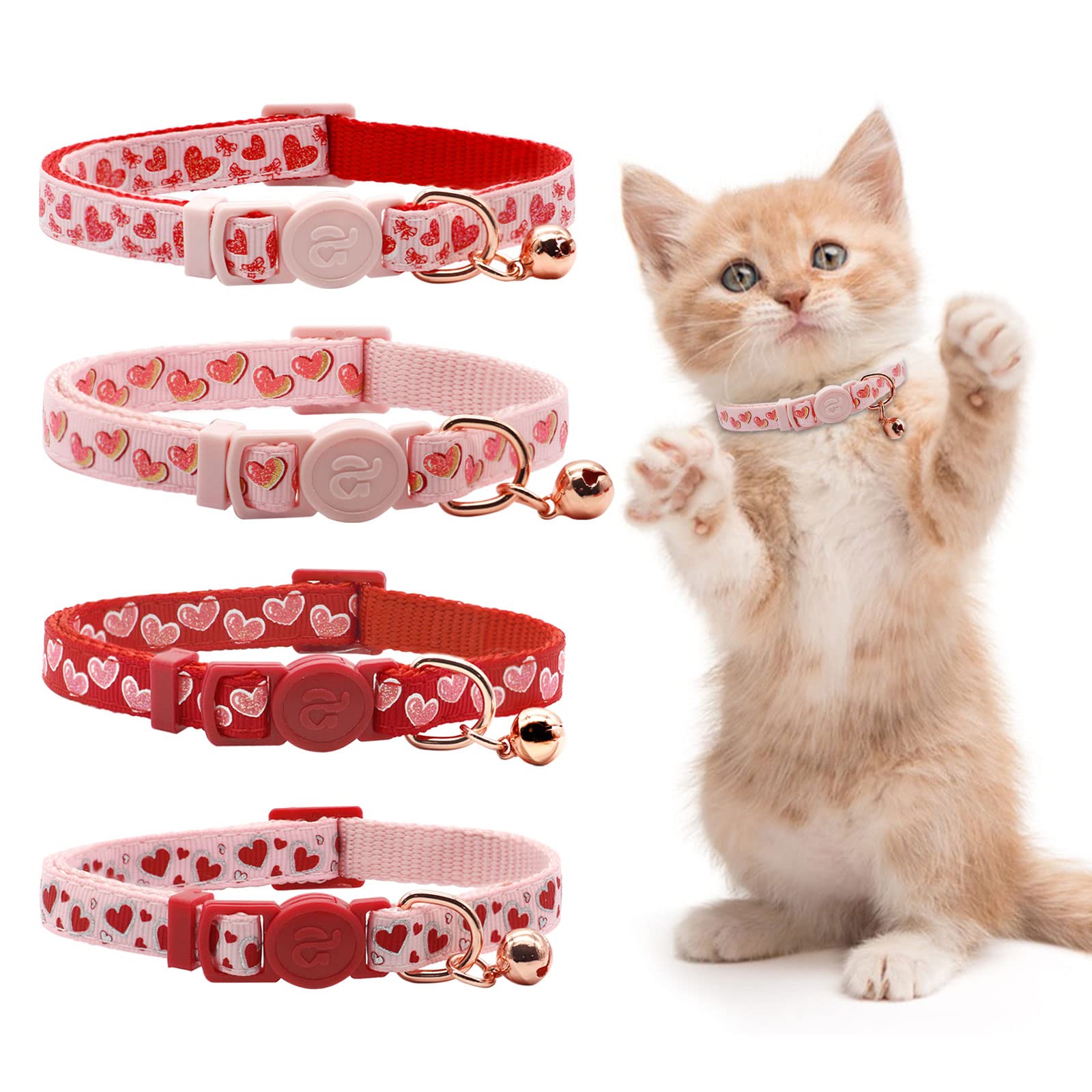 azuza 4 Pack Valentines Kitten Collar with Bell Valentines Day Breakaway Kitten Collars with Cute Heart Pattern Adjustable Size 