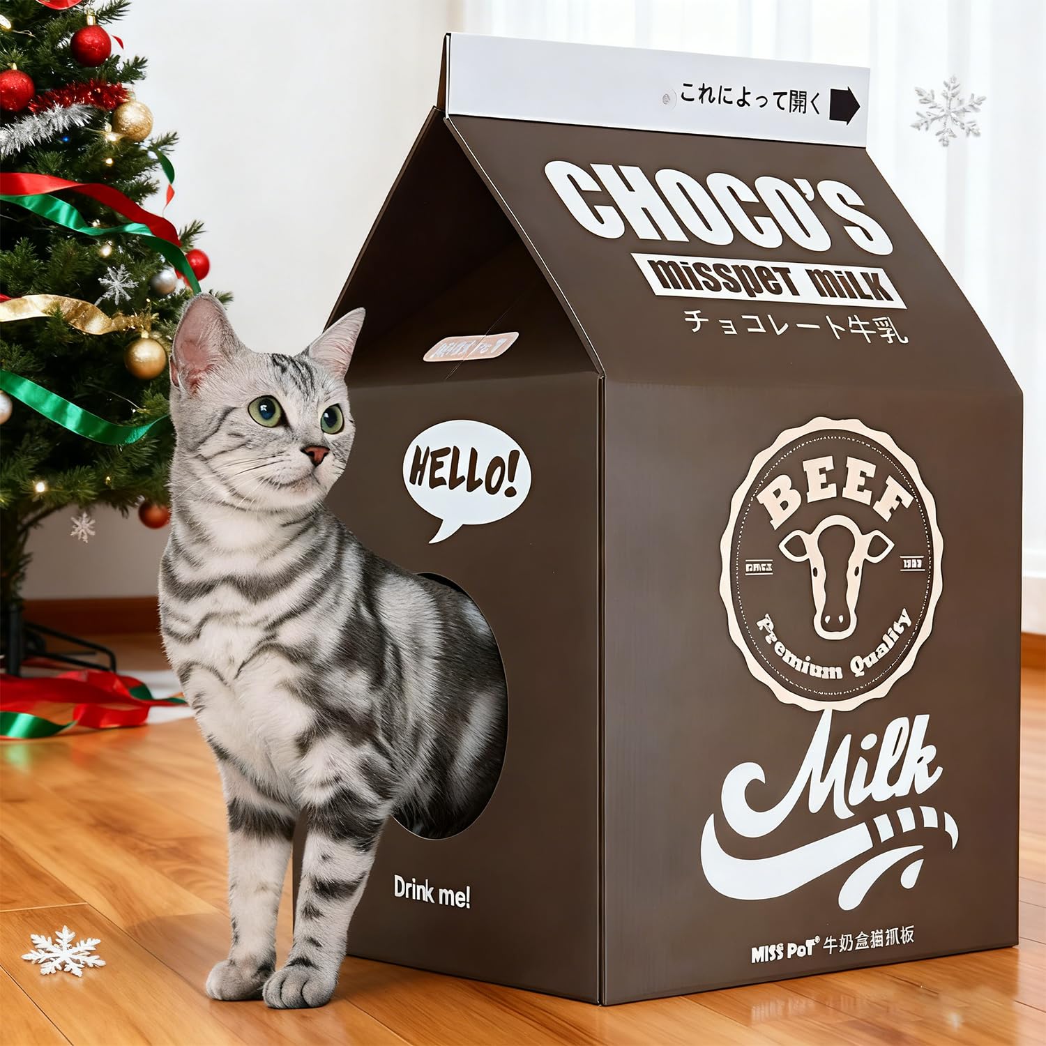 Cardboard Cat House with Scratch Pad, Corrugated Kitten Hideaway Cave, Cute Cats Condos Box, Milk Box Shape Cat Scratching House
