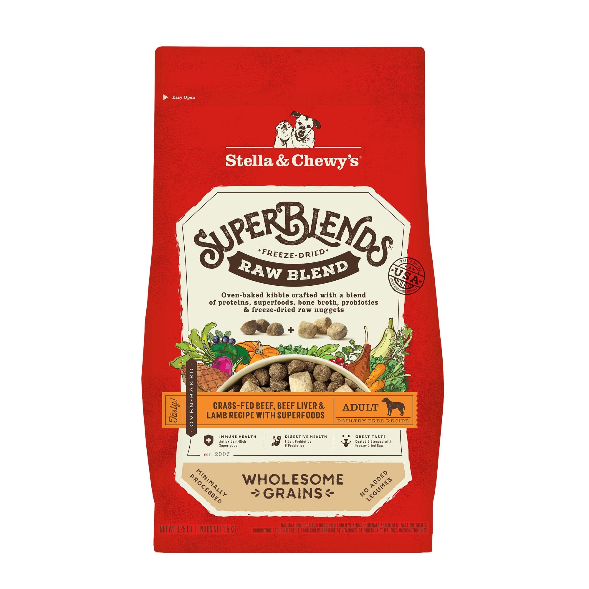 Stella & Chewys SuperBlends Raw Blend Wholesome Grains Grass-Fed Beef, Beef Liver & Lamb Recipe with Superfoods, 3.25 lb. Bag