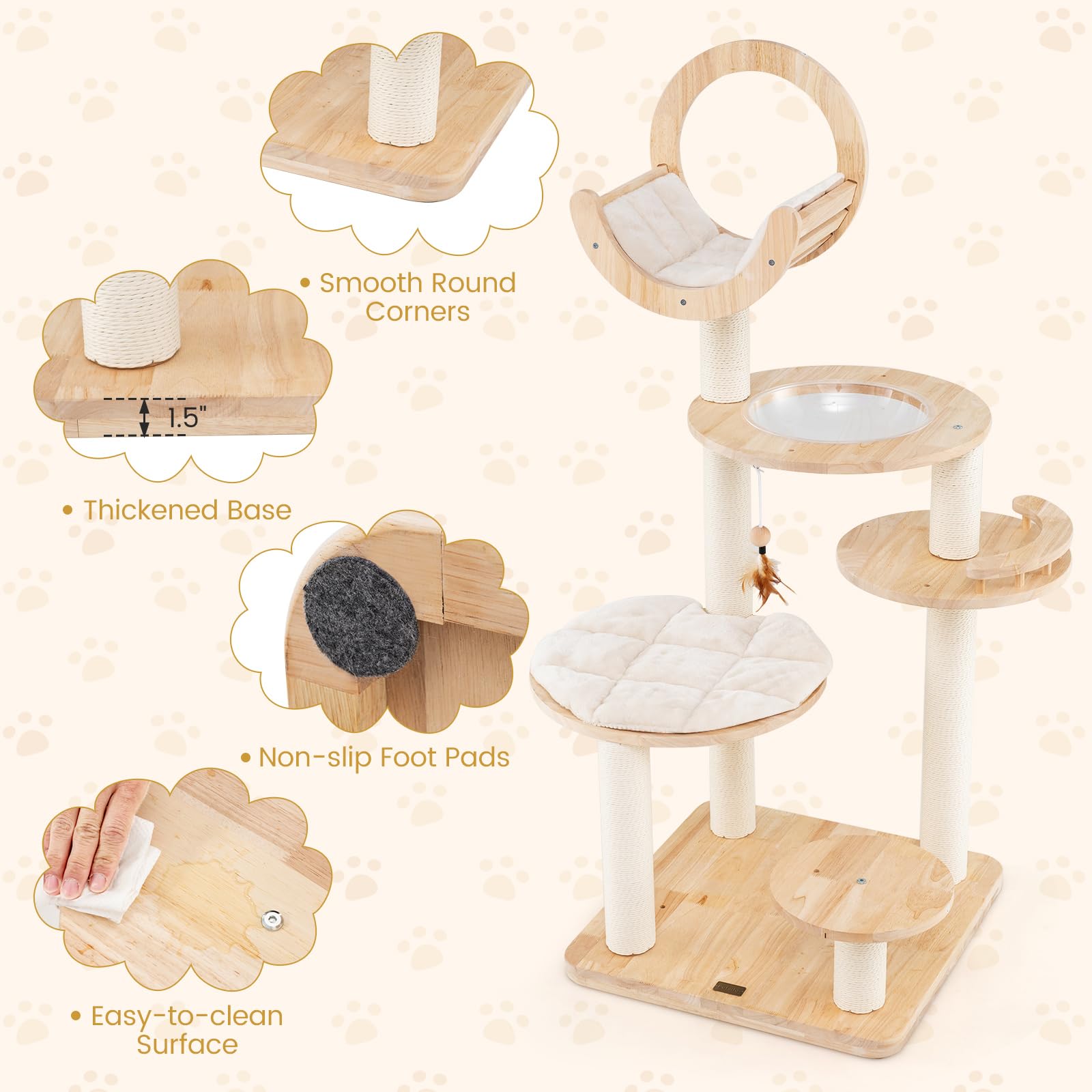Petsite 57 Inches Tall Wooden Cat Tree, Multi-Level Cat Tower With Scratching Posts, Space Capsule Bed, Padded Platform And Hang