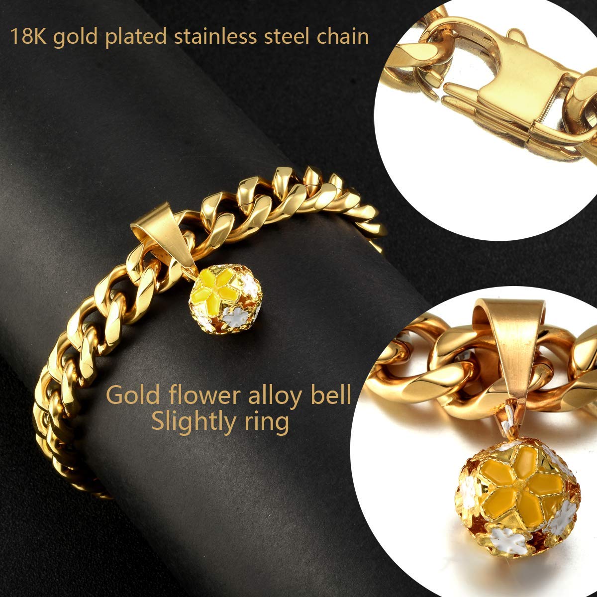 18K Gold Cat Dog Collar Kitten Puppy Wide Stainless Steel Kitten Choker Curb Chew Proof Cuban Link 1/2Inch Chain With Clover Bel