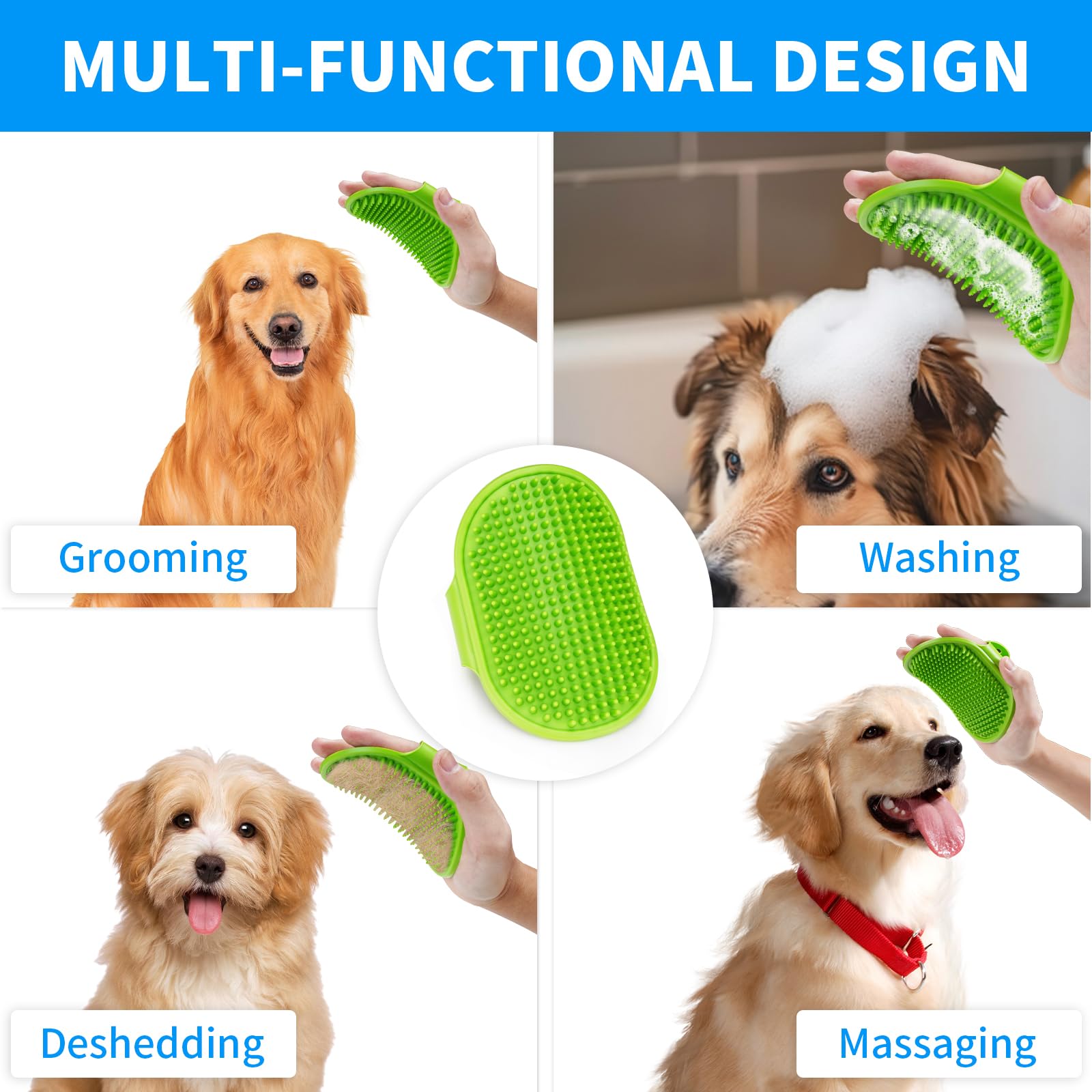 Dsoe Dog Bath Brush | Grooming Comb With Adjustable Loop Handle For Short And Long Hair Cats And Dogs, 2Pcs (Tapered Head, Blue