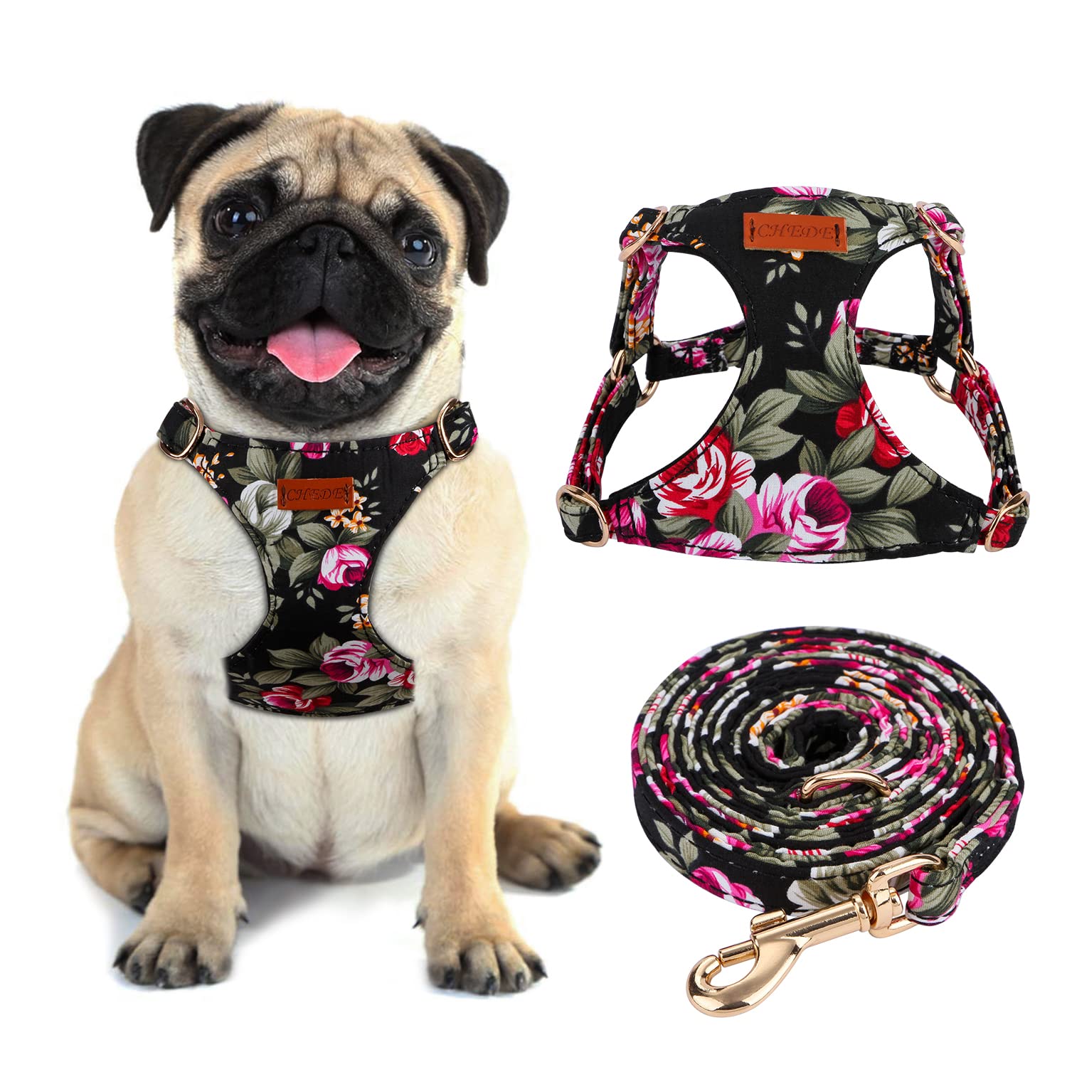 CHEDE No Pull Floral Pattern Dog Harness - Lightweight and Soft, Adjustable Small Dog Harness Set with Leash, Suitable for Puppy