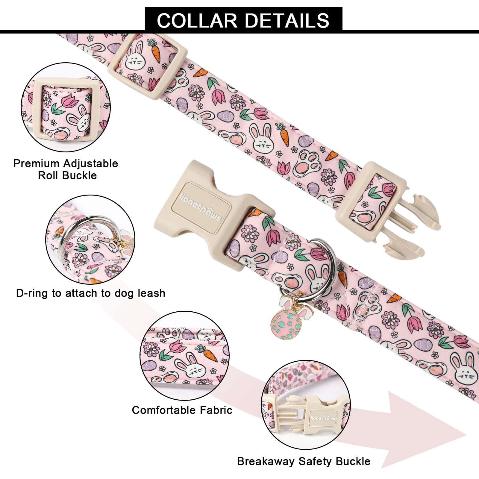 Lionet Paws Easter Dog Collar- Cute Rabbit Purple Eggs Pink Dog Collars With Plastic Buckle, Light Adjustable Dog Collars With E