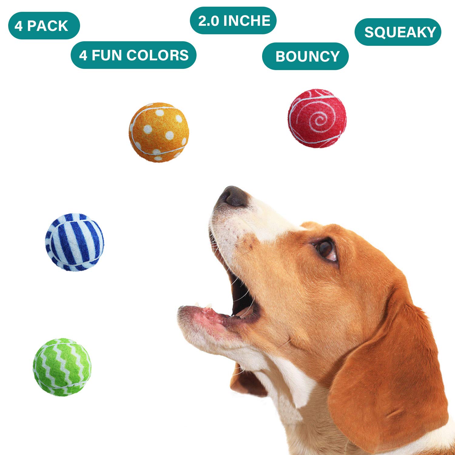 Ama Sport Squeaky Tennis Balls For Dogs 4 Pack 2.0'' Squeaky Tennis Balls For New Puppy Small Dog Toys For Fetch, Exercise, Outd
