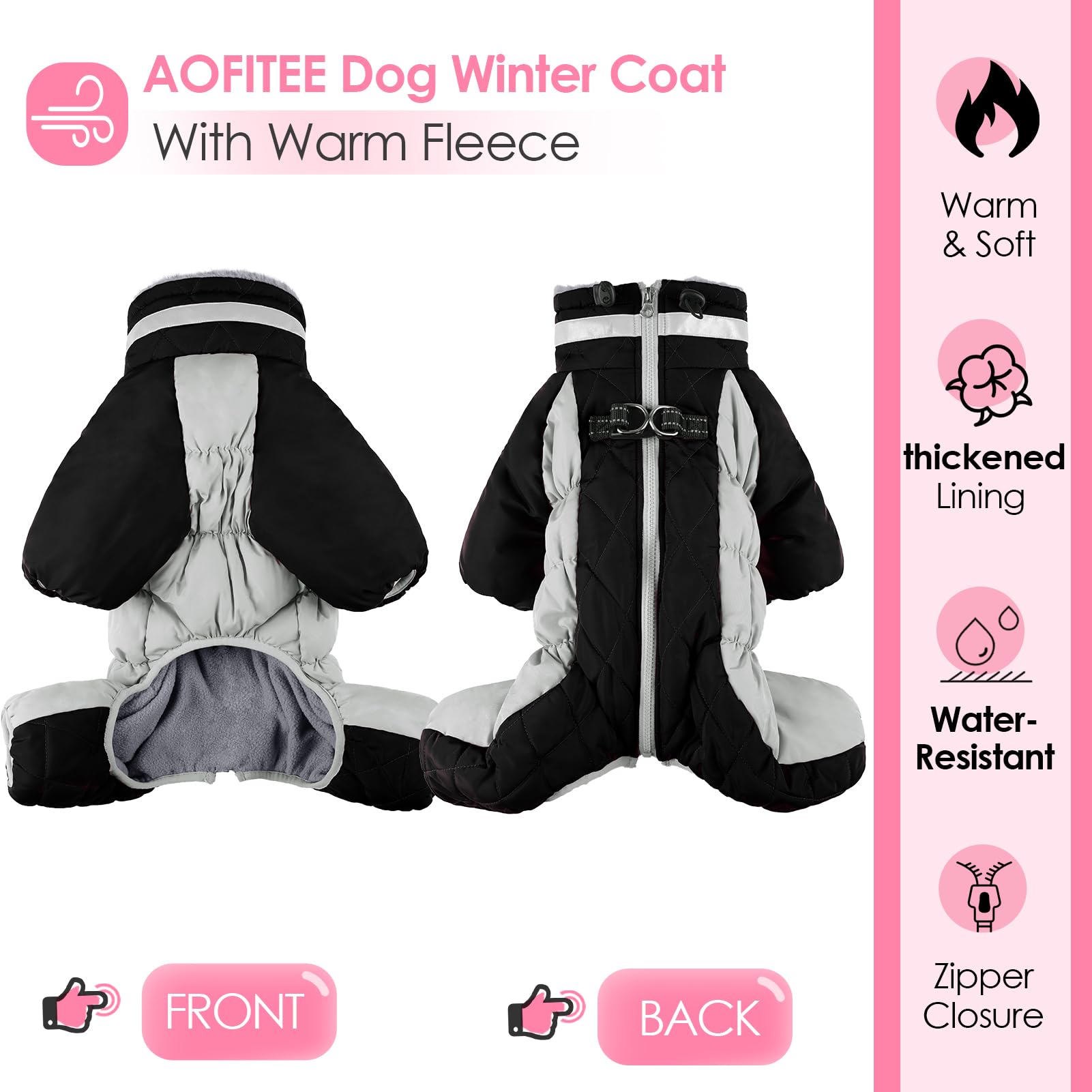 AOFITEE Small Dog Warm Winter Jacket With Built-in Harness, Windproof Reflective Turtleneck Puffer Snowsuit, Four-Legged Fleece