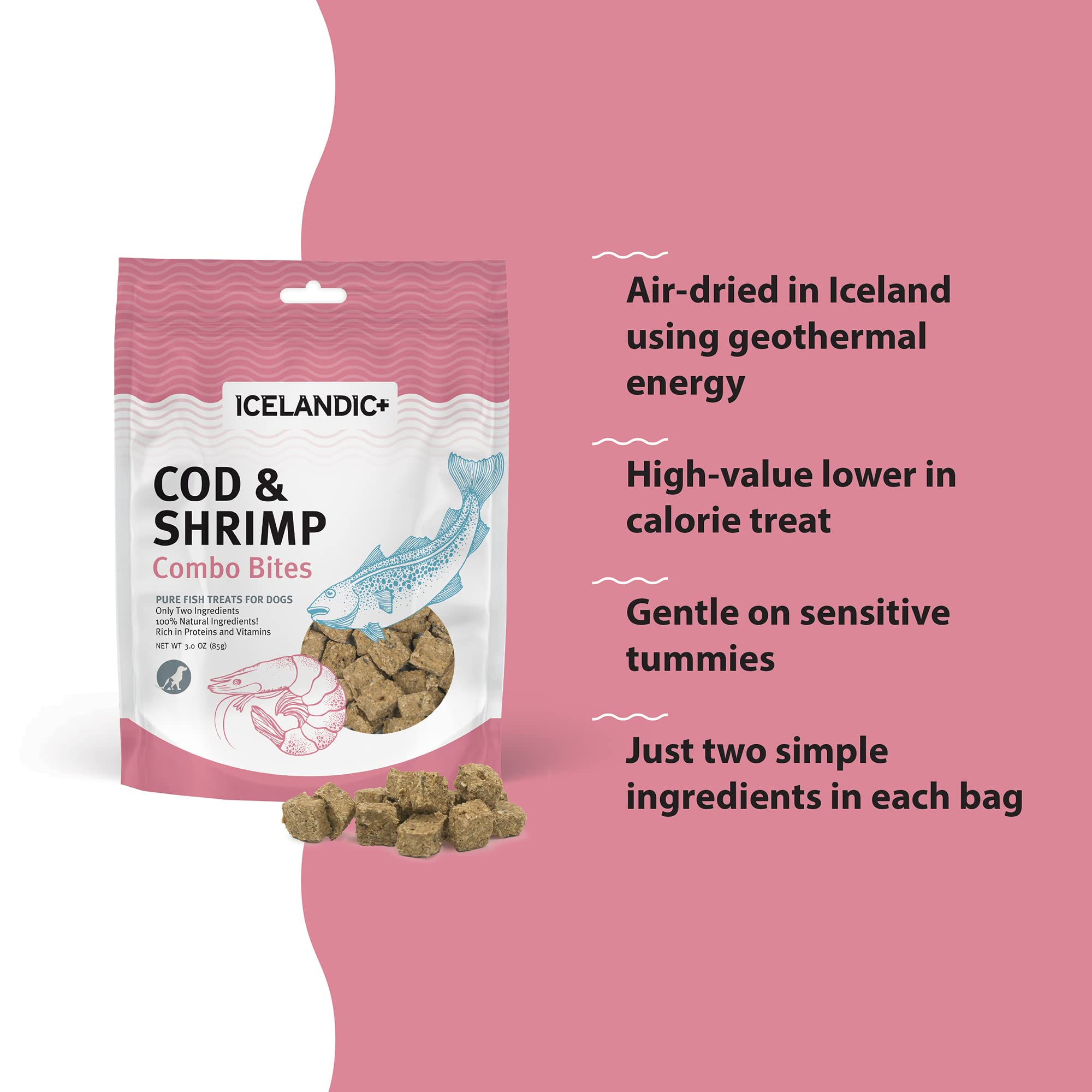 Icelandic  Cod and Shrimp Combo Bites Fish Dog Treat 3.52-Oz Bag