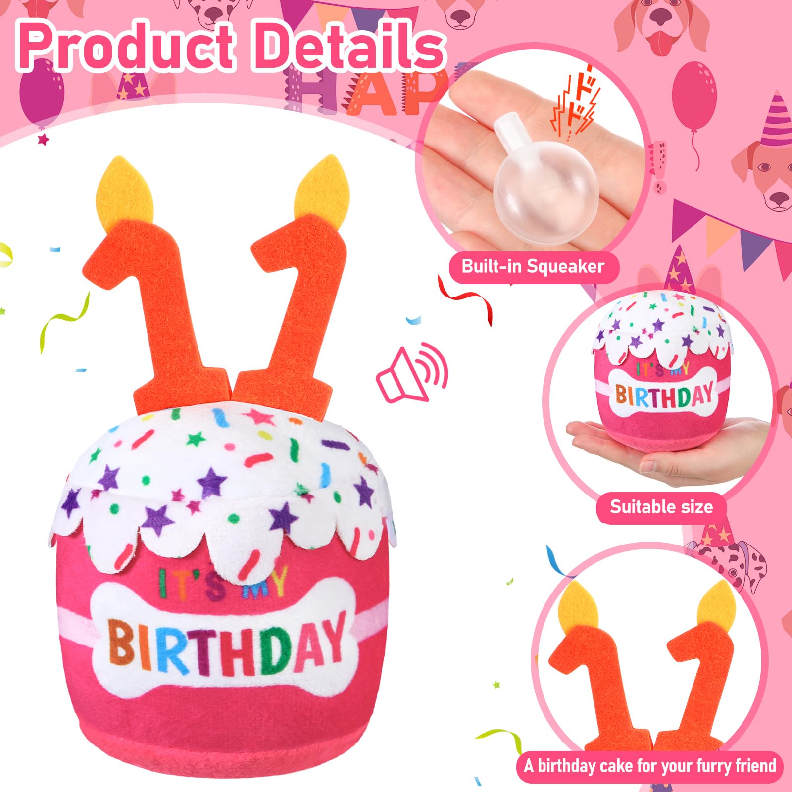 Dansydaisy Dog 11Th Birthday Cake Toy Accessories For Girl Boy Gifts, Pink Squeaky Plush Toy For Dog Birthday Party Decor Favor