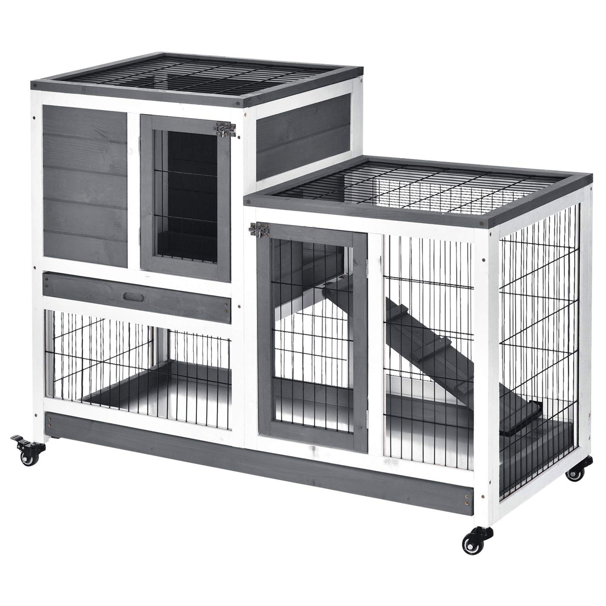 Pawhut Wooden Rabbit Hutch Elevated Bunny Cage Indoor Small Animal Habitat With Enclosed Run With Wheels, Ramp, Removable Tray I