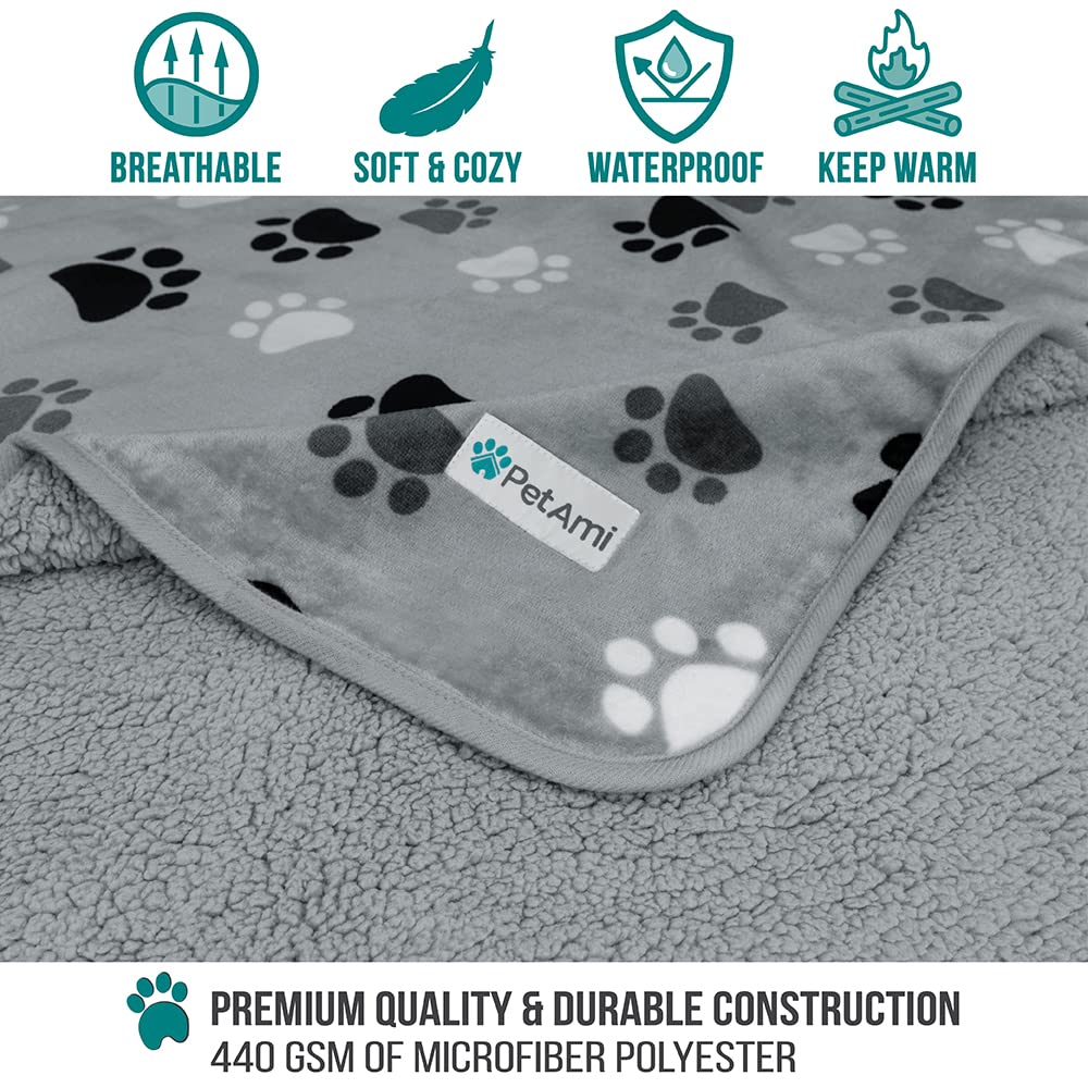 Petami Waterproof Dog Blanket For Extra Large Dogs, Pee Proof Pet Blanket For Bed Couch, Reversible Water Proof Blanket For Puppy Indoor Cat, Soft Dog Crate Cover Washable, Queen 90X90 Paw Gray
