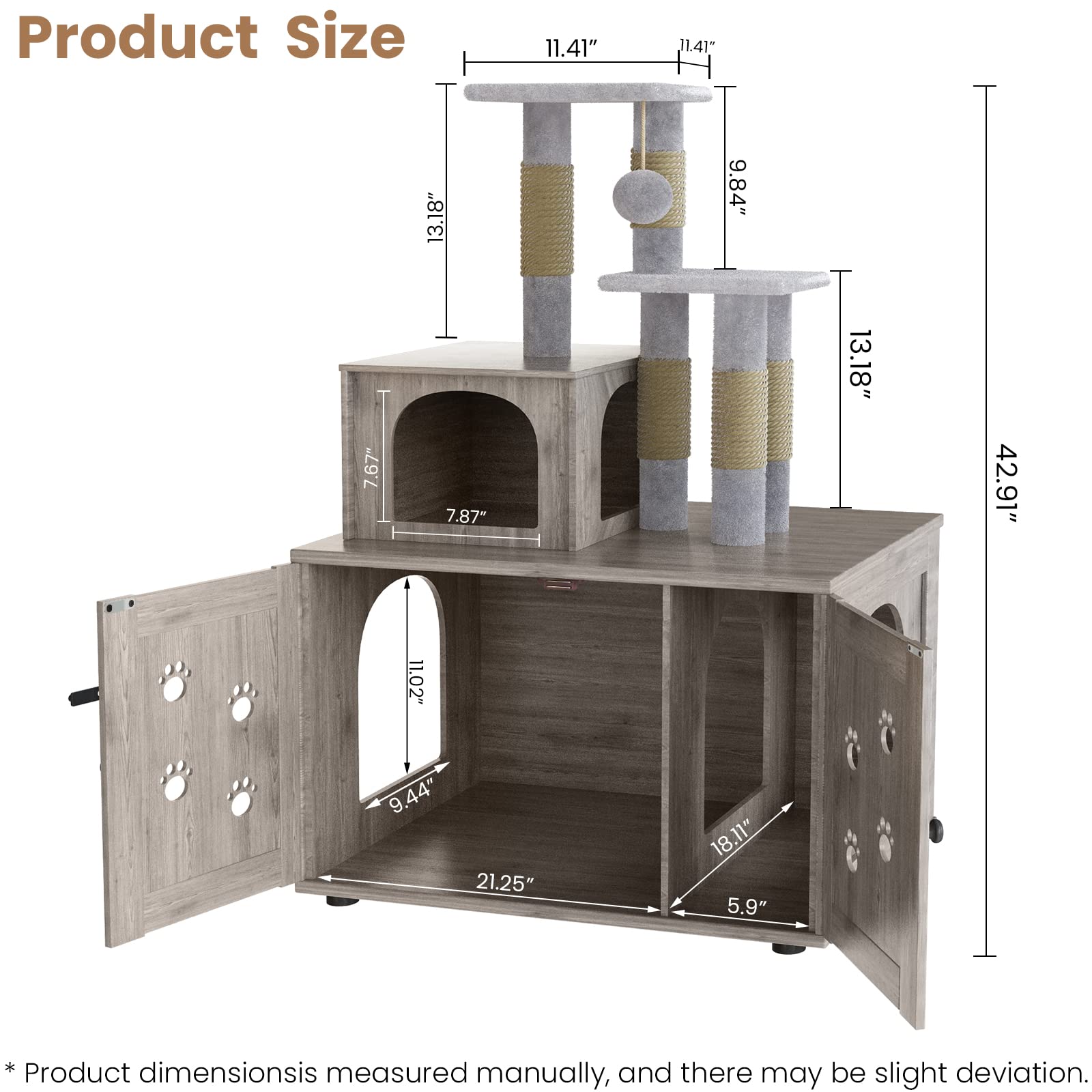 Dklgg Cat Tree With Cat Litter Box Enclosure, Hidden Washroom Furniture With Divider, Large Wooden Cat House With Cat Tree Condo