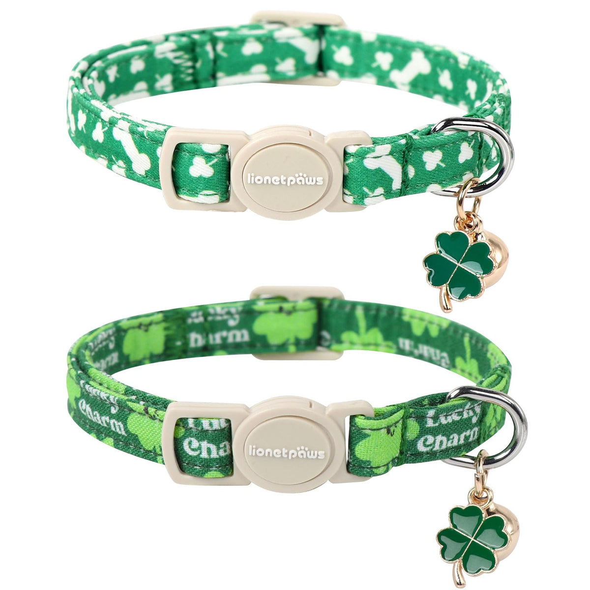 Lionet Paws 2Pcs Pack St. Patrick Cotton Cat Collar,Breakaway Buckle With Clover And Bone Stick Cute Adjustable Green Cat Kitten