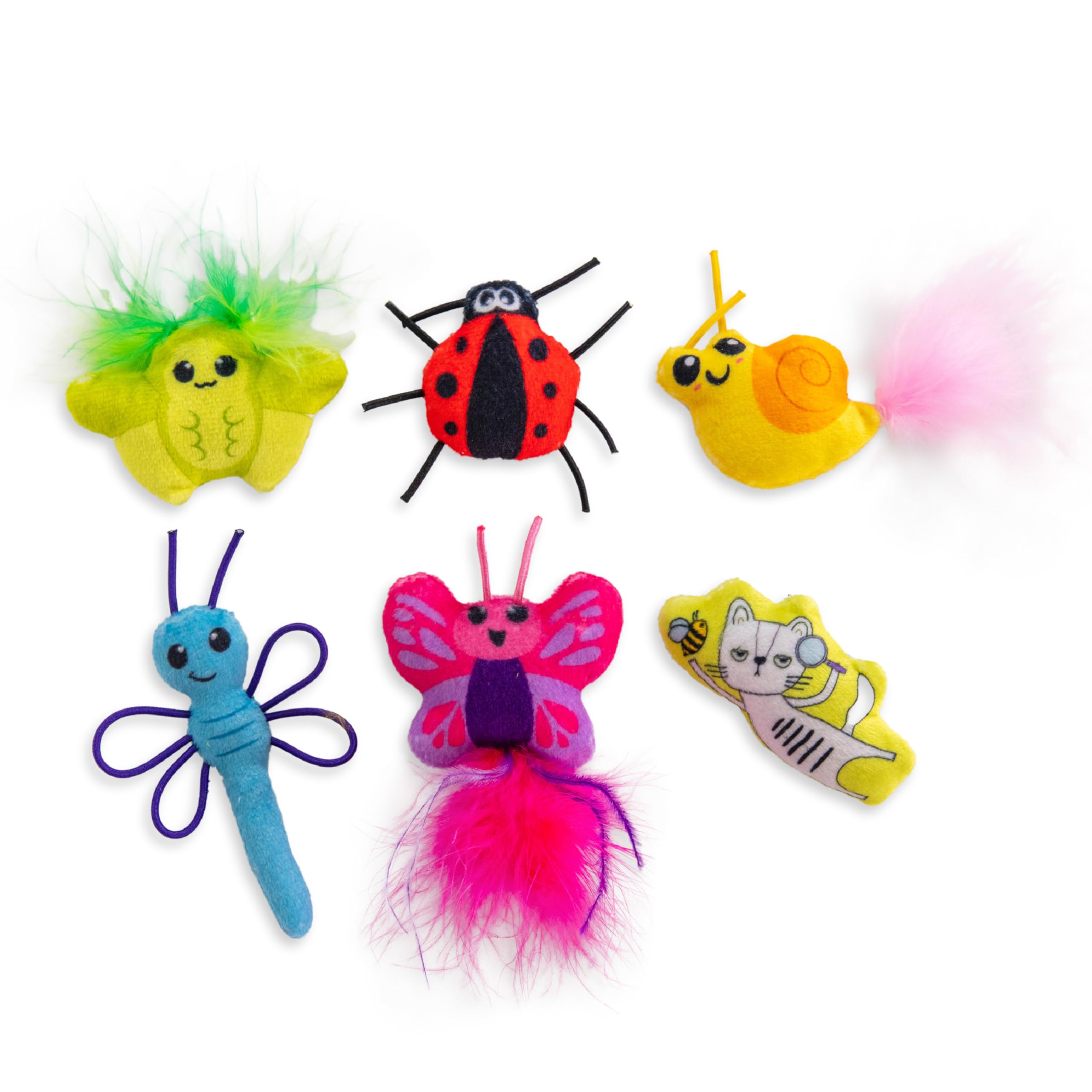 Catstages Cute As A Bug Plush Interactive Cat Toys, Bug Themed Kicker Catnip Toys With Feathers, Crinkle, Mesh, 6Pk, Small, Mult
