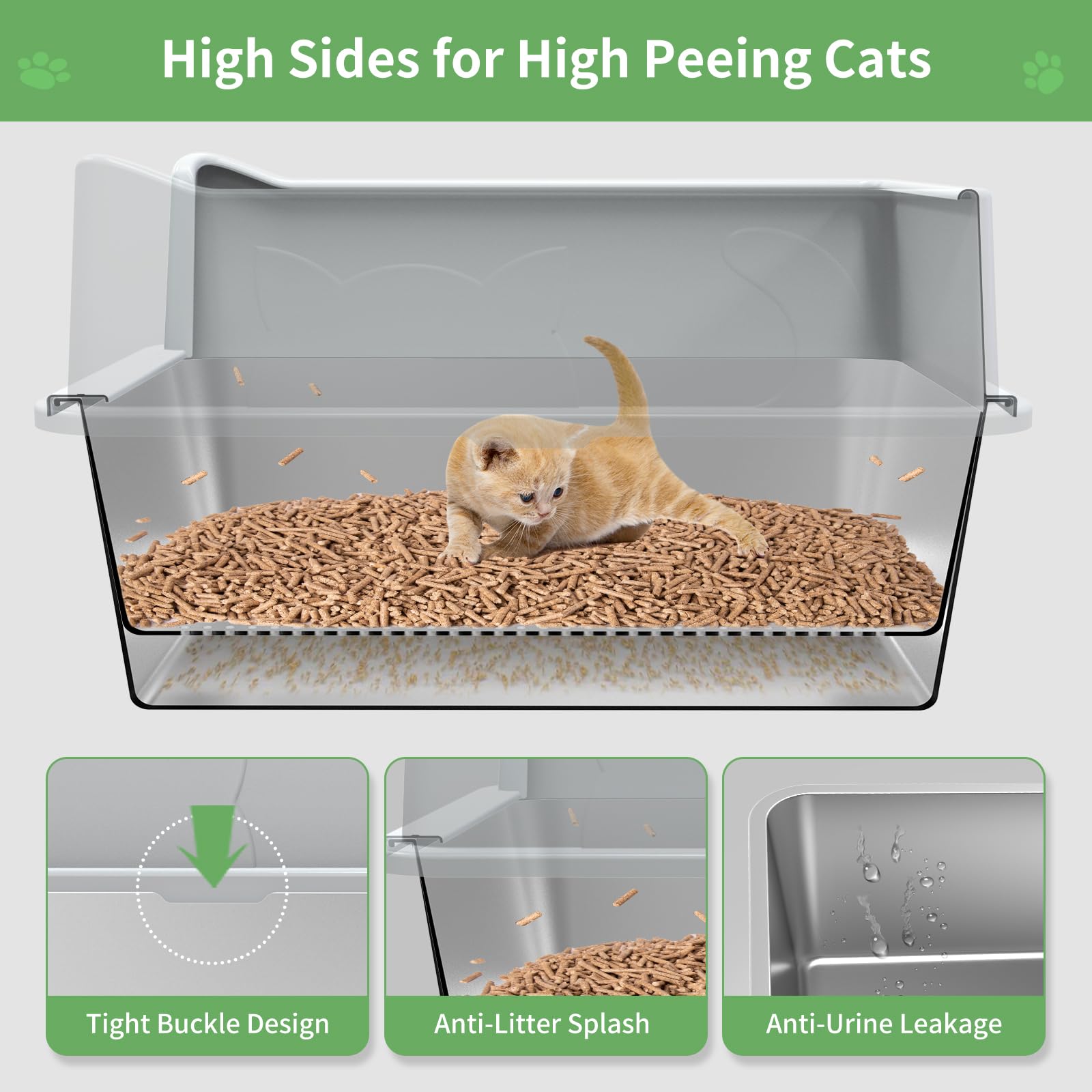 Stainless Steel Cat Litter Box with Lid, XL High Sided Metal Sifting Litter Box for Pine Pellets, Enclosed Litter Box for Big Ca