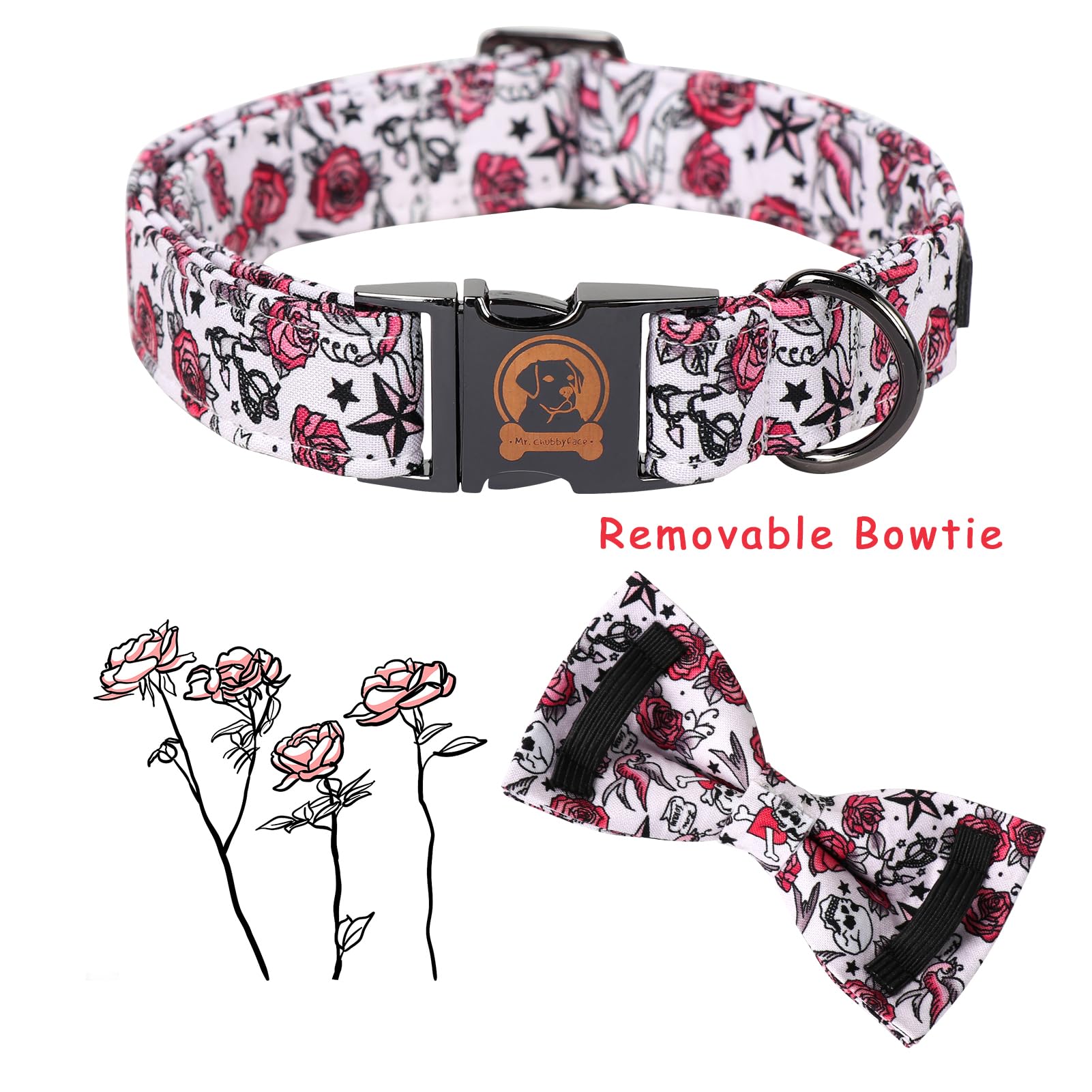 Mr. Chubbyface Valentine'S Dog Collar With Bow Tie-Cute Pink Rose Cotton Dog Collar, Adjustable Valentine'S Boy Girl Dog Collars