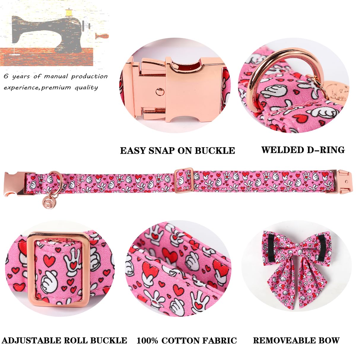 Dogwong Valentine Dog Collar With Bow, Pink Heart, Medium, Cotton, Durable Soft, Perfect Fit, Stylish Bowtie Design