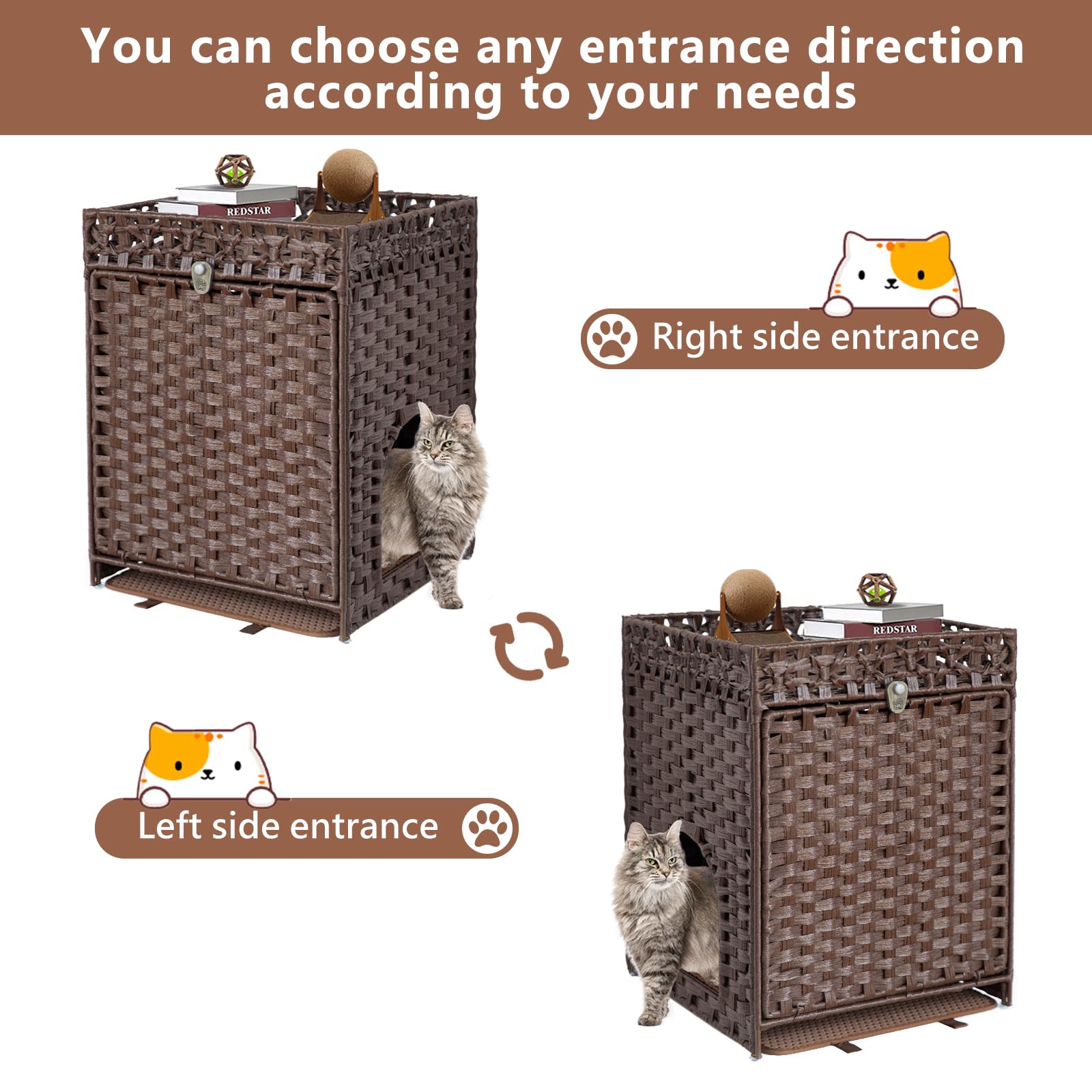 KOUSEI Handwoven Rattan Cat Litter Box Enclosure Furniture - Hidden Indoor Pet House with Door & Mat, Discreet Washroom Cabinet