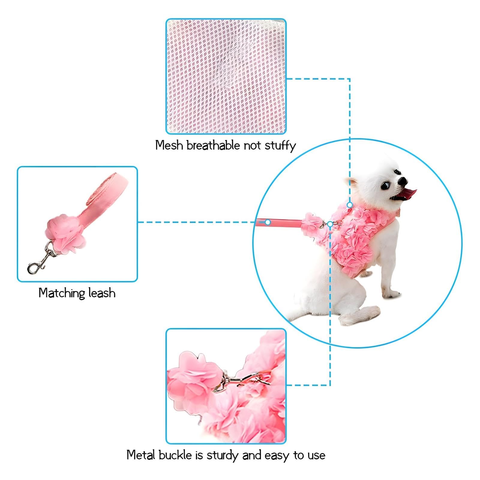 Cute Small Dog Harness - Escape-Proof Flower Dog Harness with Leash Set, Soft Mesh Small Puppy Vest Harness for Cats Dogs, Pink