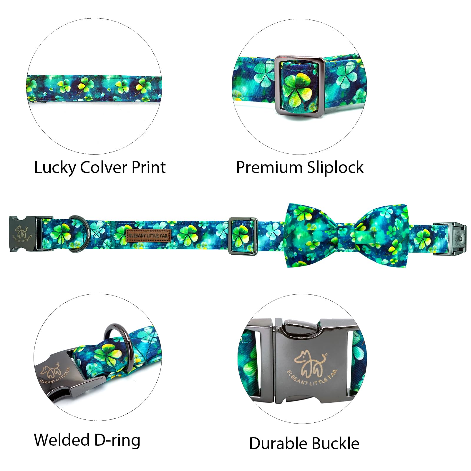 Elegant little tail St Patrick's Dog Collar, Green Cute Colver Cotton Shamrock Pet Collar Trefoil Puppy Collar Bow Holiday Adjus