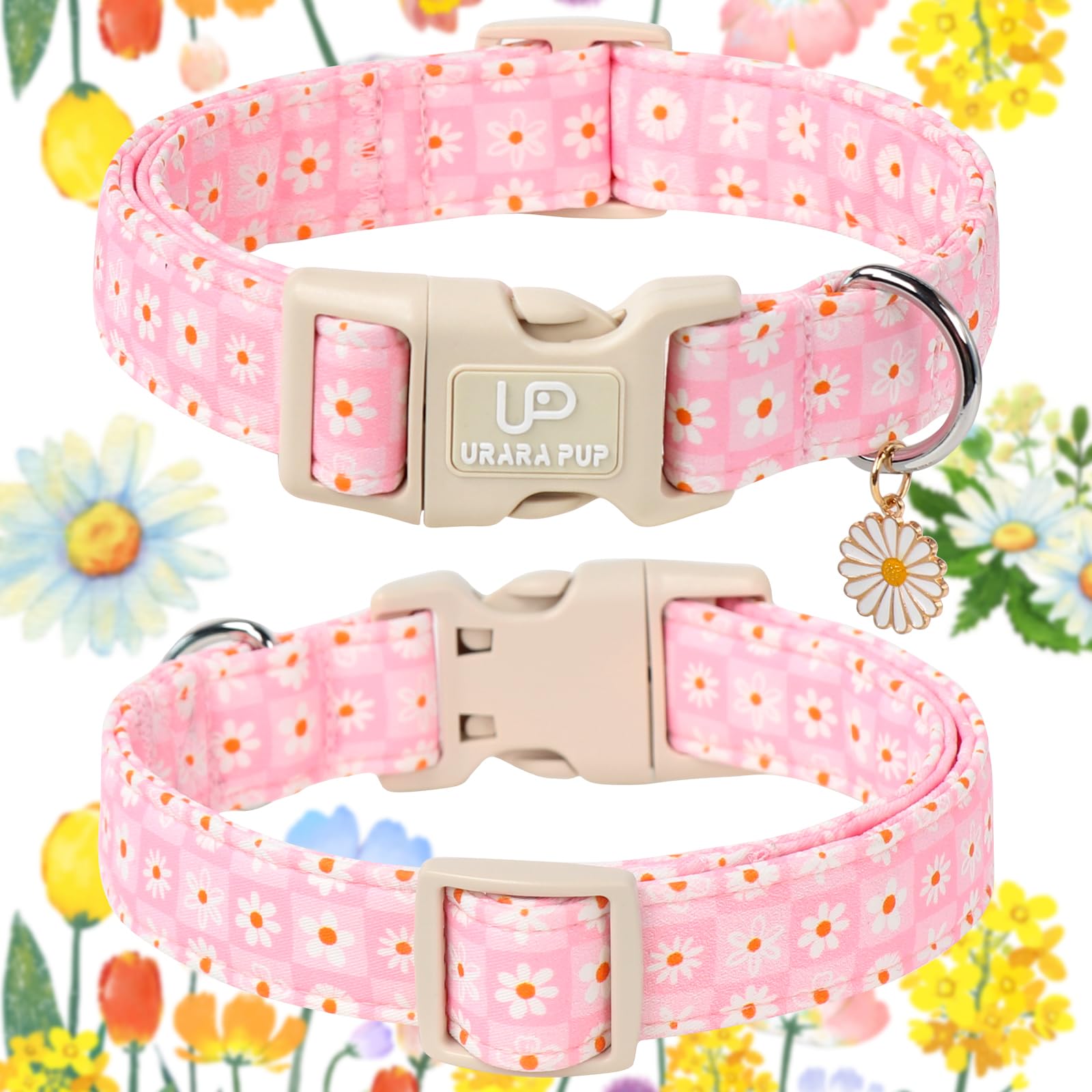 Up Urara Pup Pet Collar-Summer Daisy Dog Collars-Pink Grid Puppy Collar-Adjustable, Sturdy & Cute Girl Boy Dog Collars For Outdo
