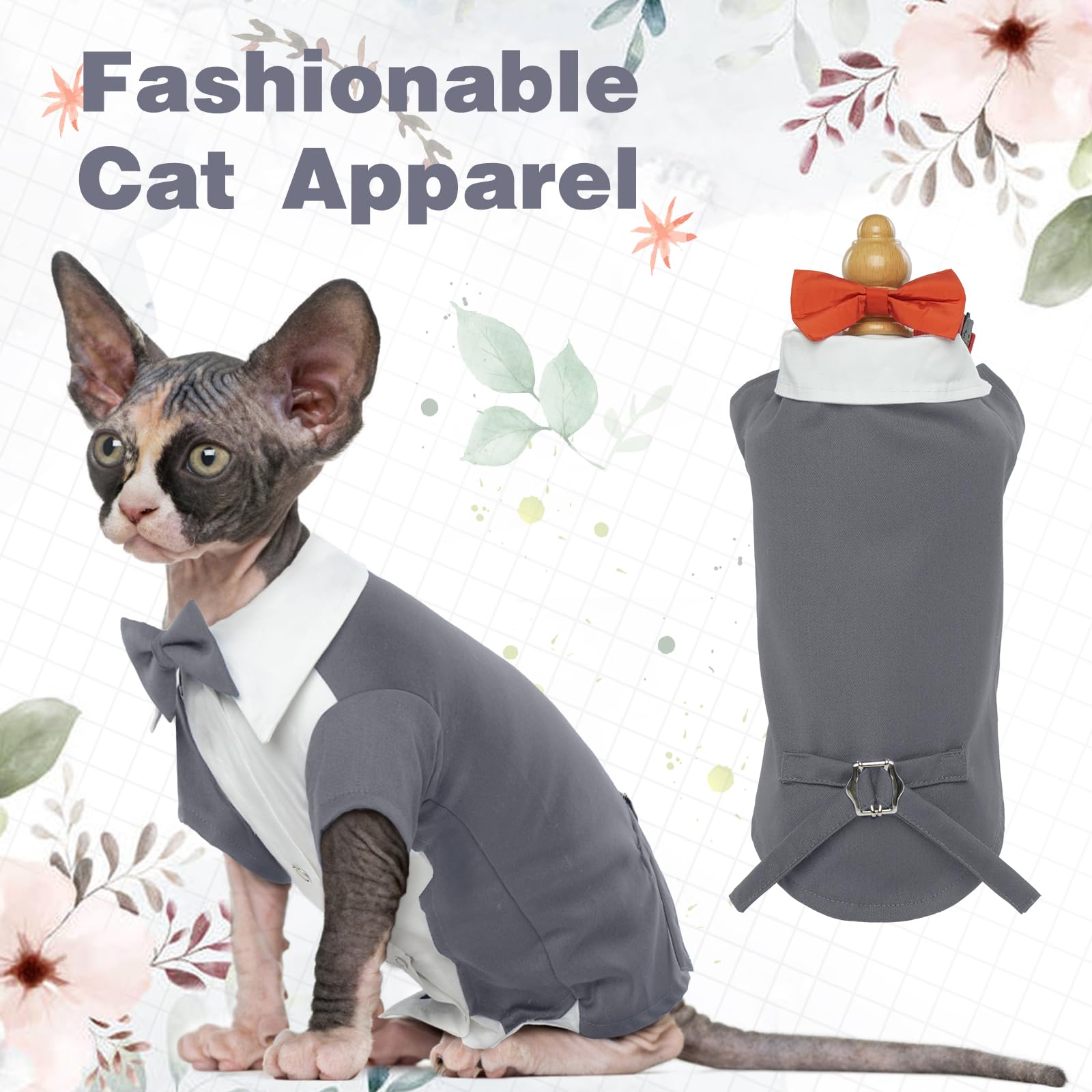 Dentrun Cat Tuxedo Suit With Two Bow Tie, Stylish Cat Shirt Formal Outfit, Hairless Cat Fashion Apparel Fancy Clothes, Kitten Fo