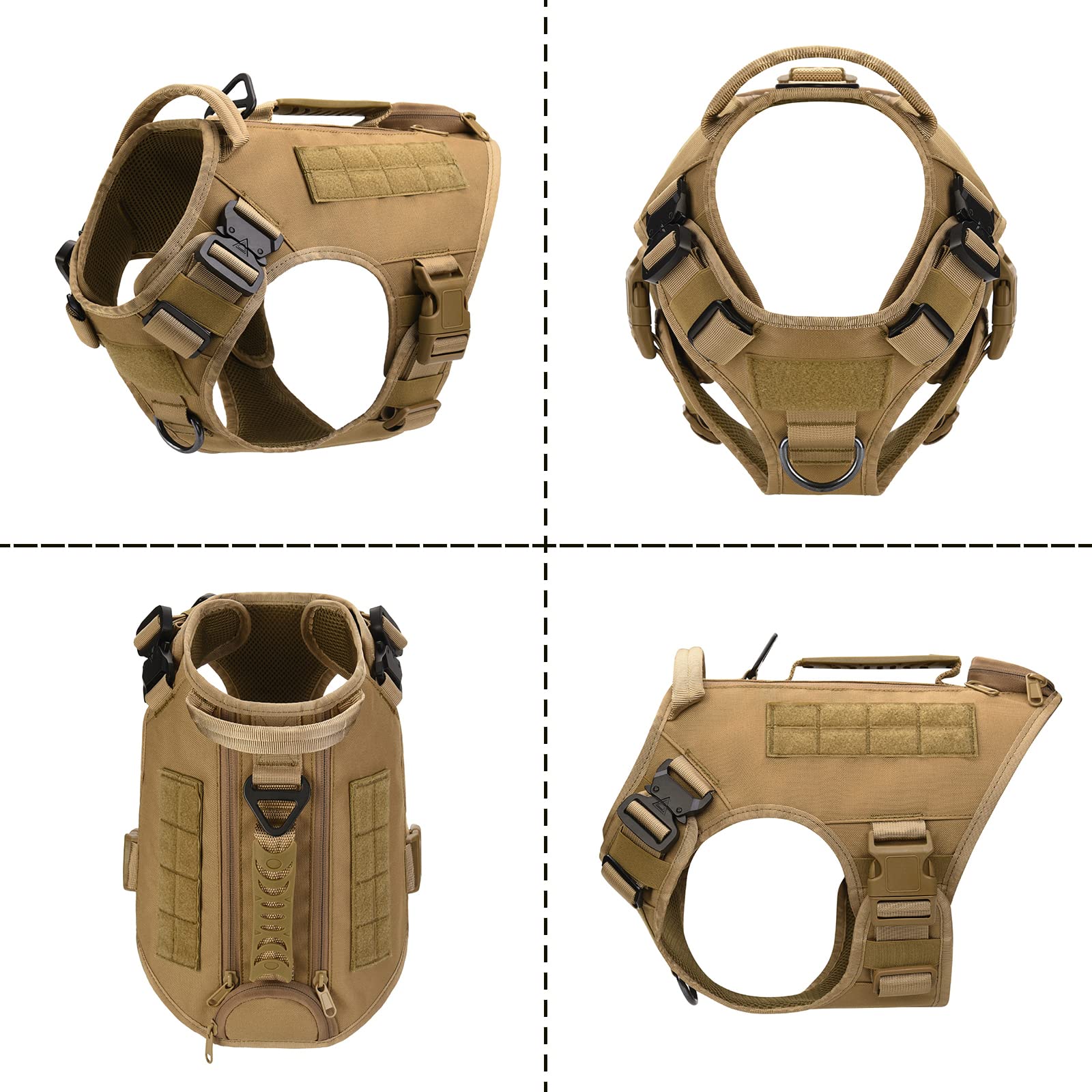 Tactical Dog Harness For Medium And Large Dogs No Pull Adjustable Dog Vest For Training Hunting Walking Military Dog Harness With Handle Service Dog Vest With Molle & Loop Panels Khaki,L(Vest Only)
