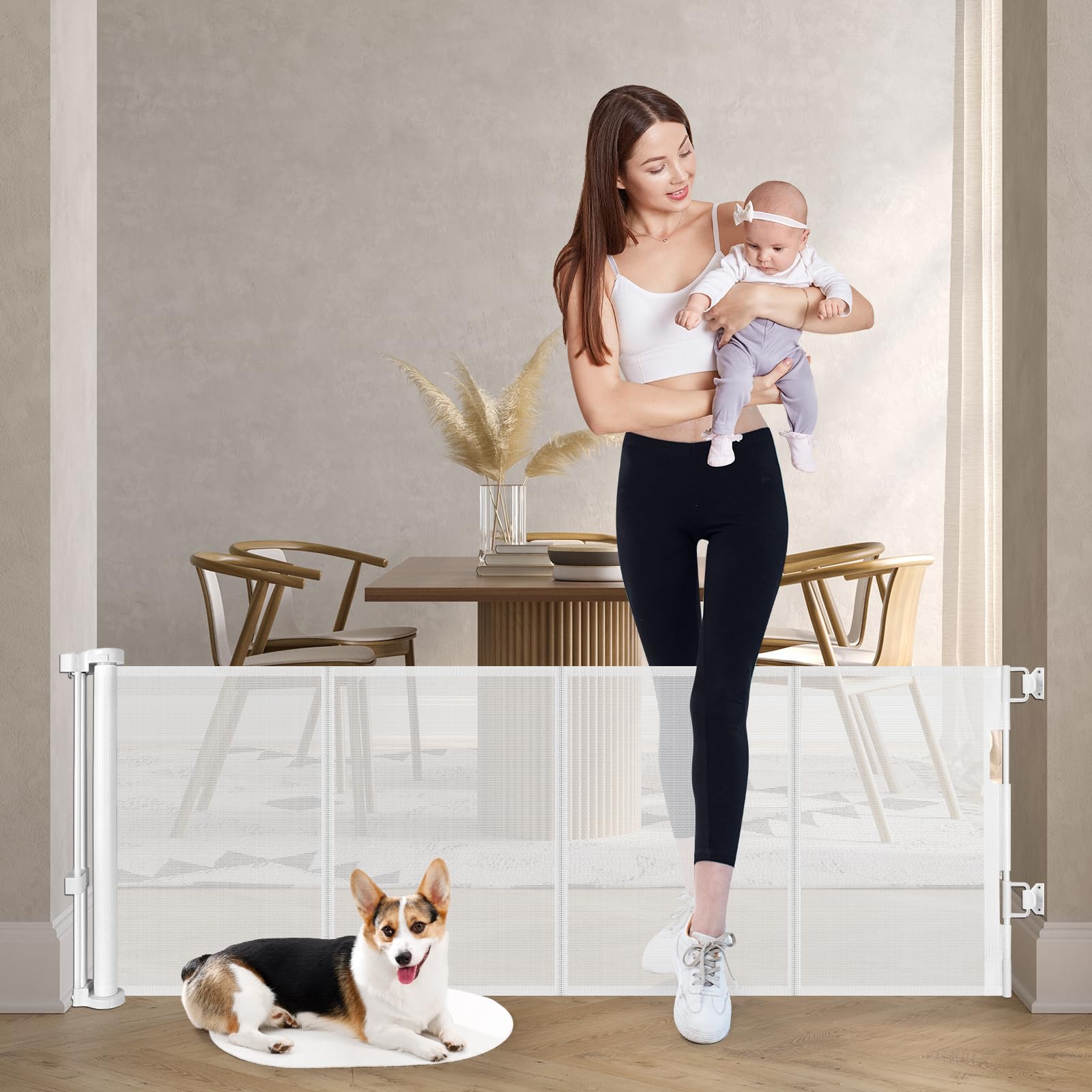 Reinforced 24 Inch Tall Retractable Baby Gates for Dogs, Short Dog Gates to Step Over, Expands 0-55 Inches Wide, Mesh Pet Gate w