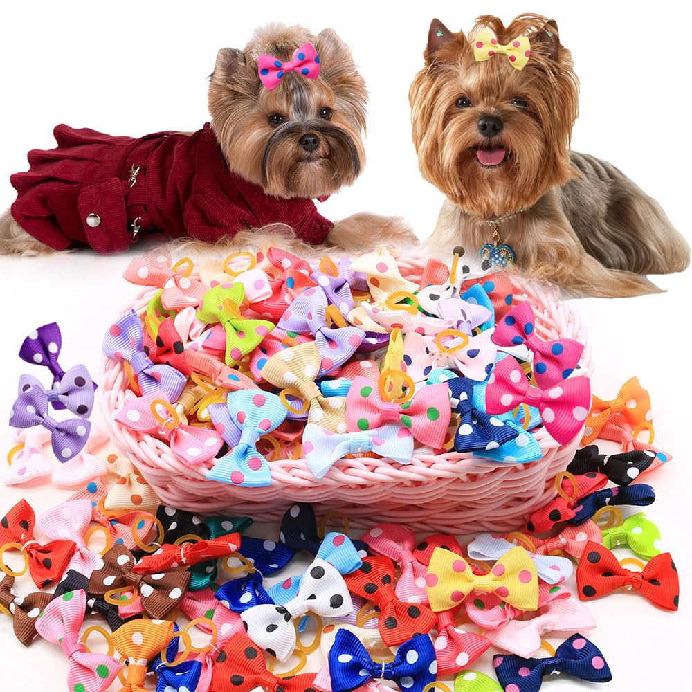 100Pcs Polka Dot Puppy Bows For Small Size Dogs Girl Doggie Bows With Rubber Bands Colorful Ribbon Top Knot Bows For Pet Fur Gro