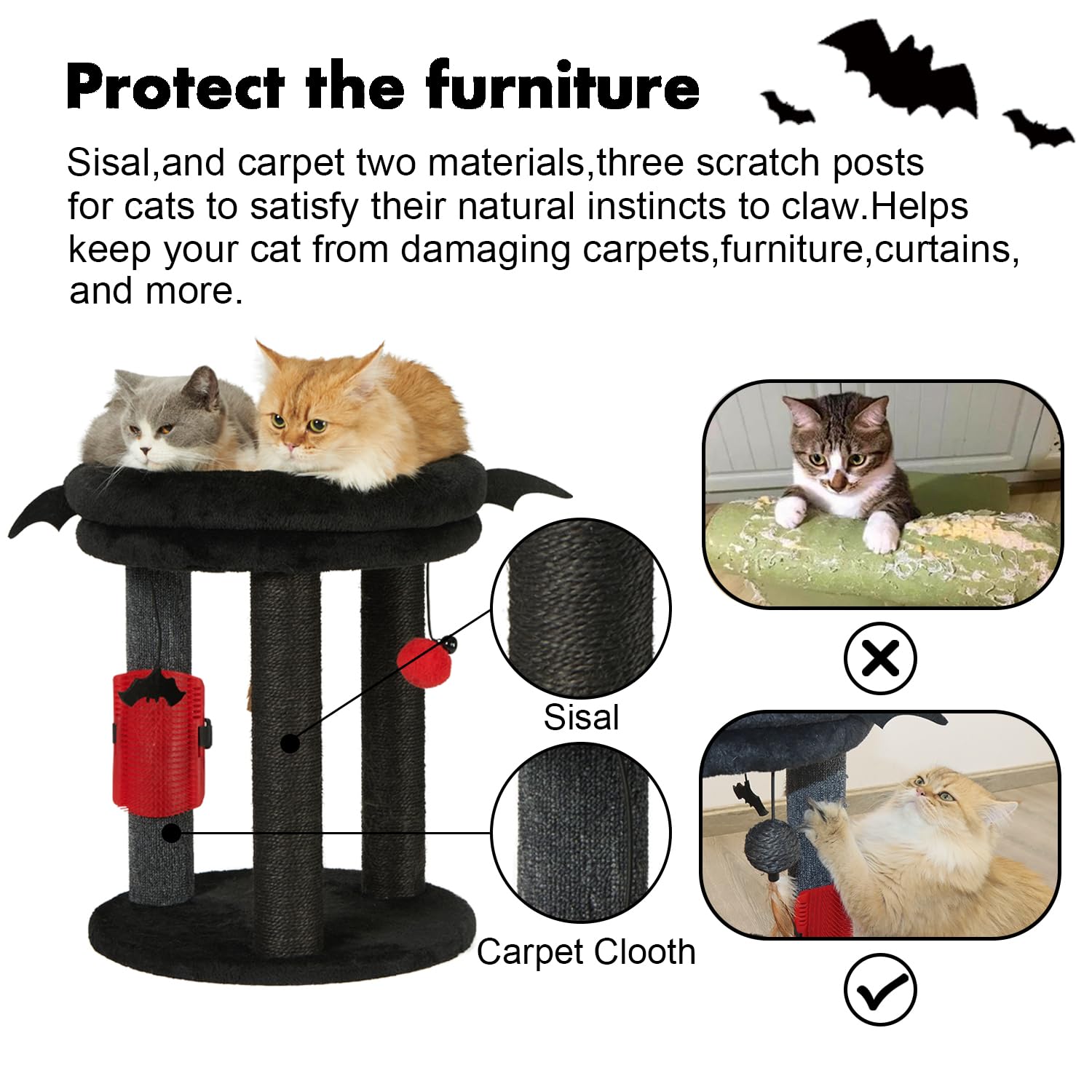 Mecool 4In1 Small Cat Tree,Scratching Post With Tower Soft Bed, Sisal Carpet Jute Posts With Three Hanging Ball Toys And Massage