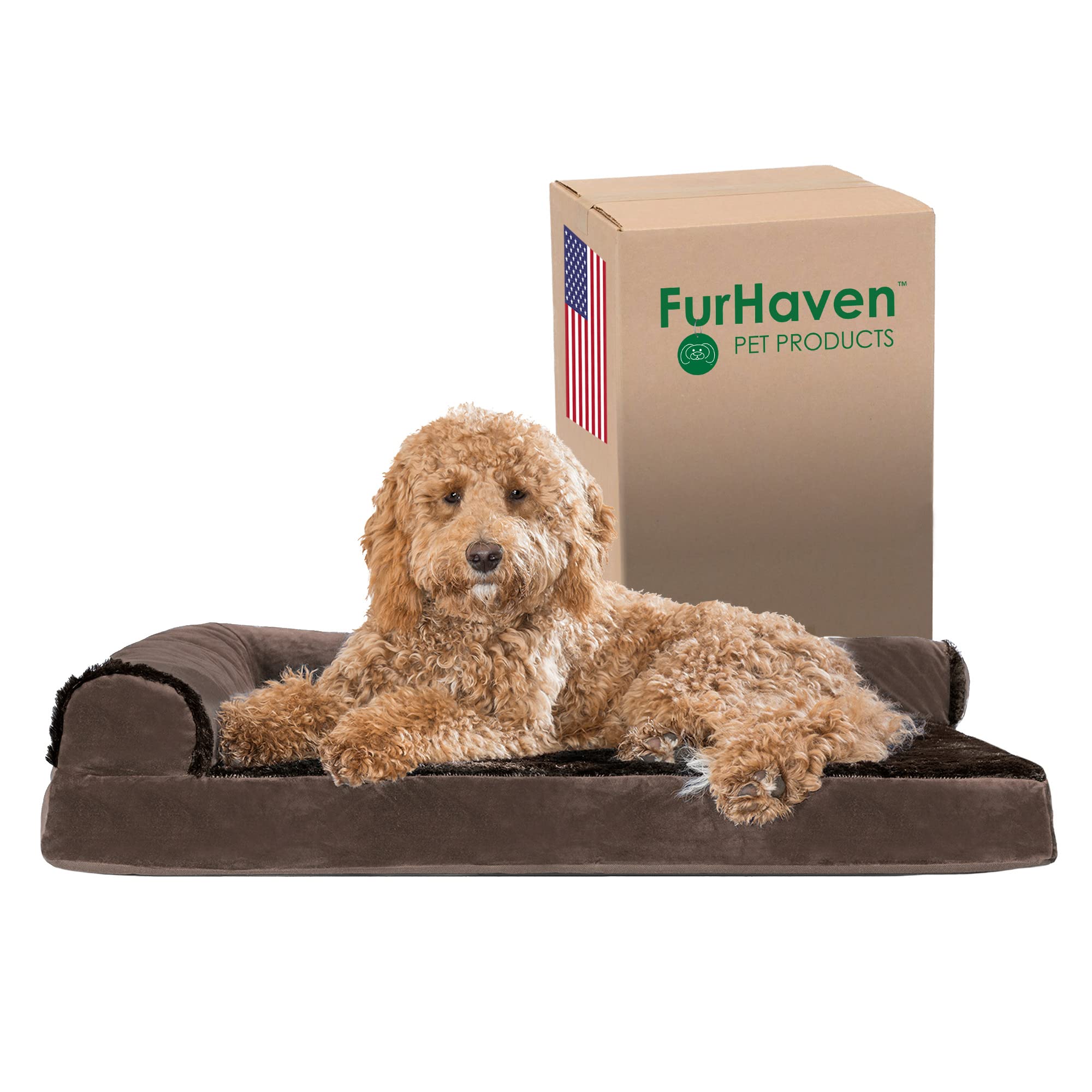 Furhaven Orthopedic Dog Bed For Large/Medium Dogs W/ Removable Bolsters & Washable Cover, For Dogs Up To 55 Lbs - Plush & Velvet L Shaped Chaise - Sable Brown, Large