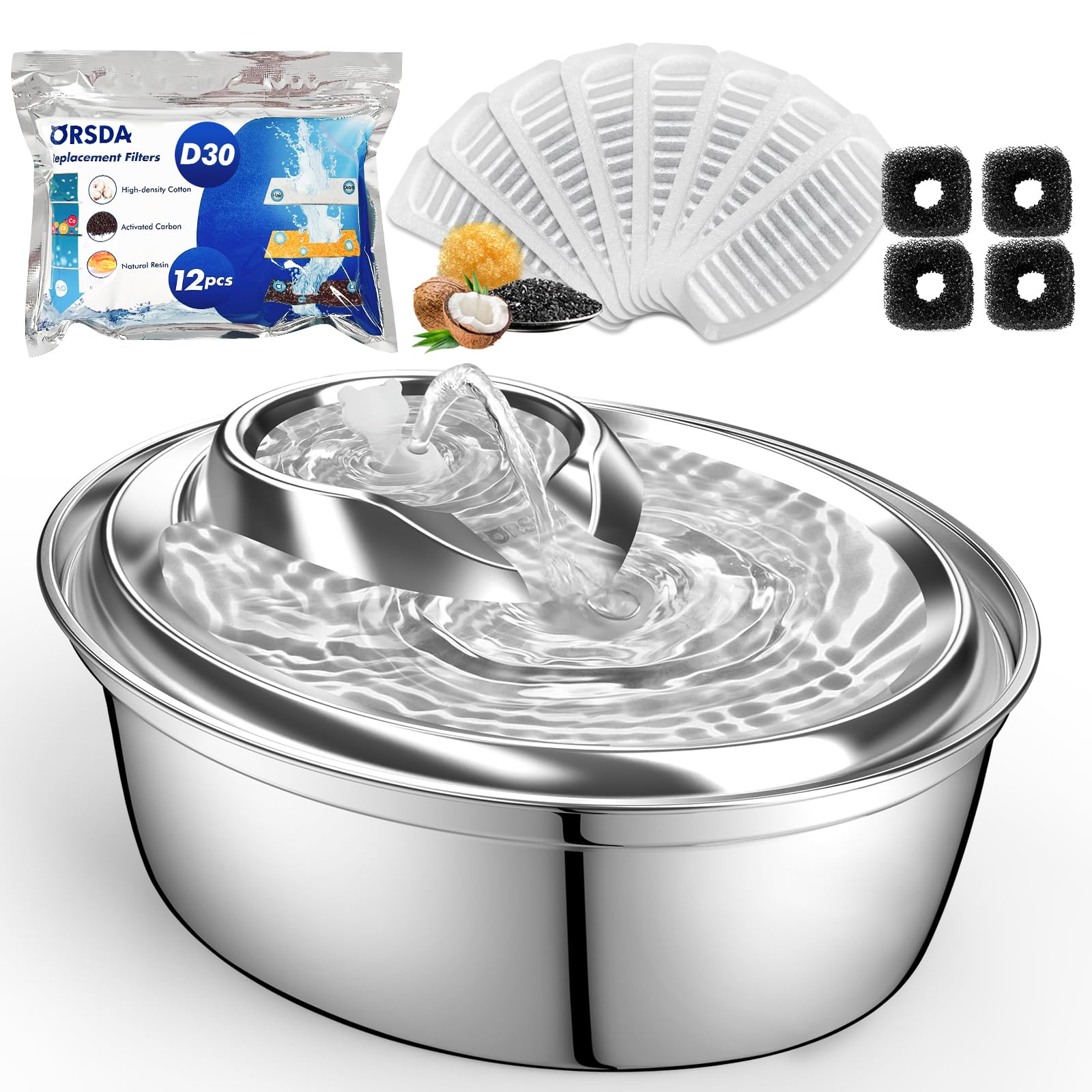 Orsda Cat Water Fountain, 2L Stainless Steel Pet Water Fountain, Automatic Drinking Fountain Dog Water Dispenser With 12 Replace