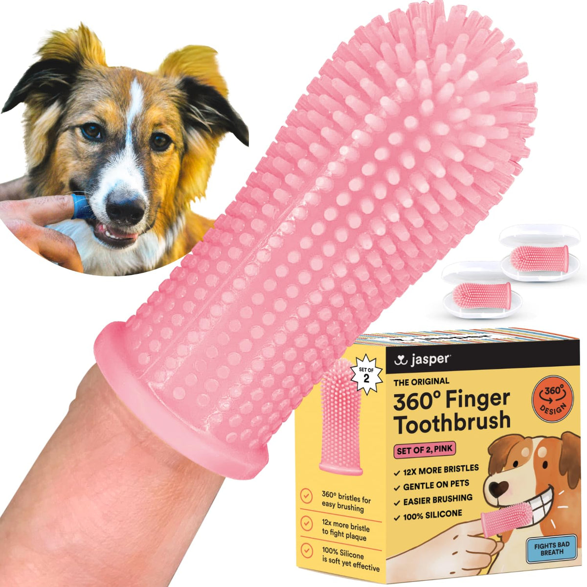 Jasper Dog Toothbrush, 360º Dog Tooth Brushing Kit, Cat Toothbrush, Dog Teeth Cleaning, Dog Finger Toothbrush, Dog Tooth Brush For Small & Large Pets, Dog Toothpaste Not Included - Pink 2-Pack