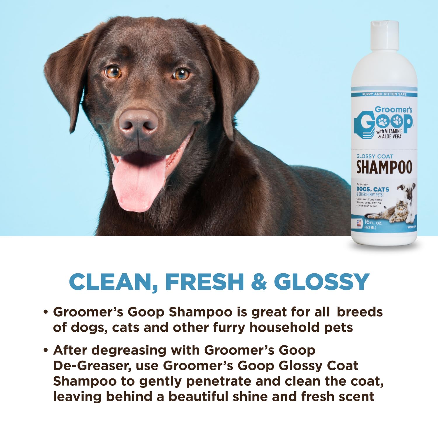 Groomer's GOOP Glossy Coat Cleansing Pet Shampoo - Deep Cleansing Formula, 16 oz, White, Model 216, Enhances Shine & Moisturizes Skin