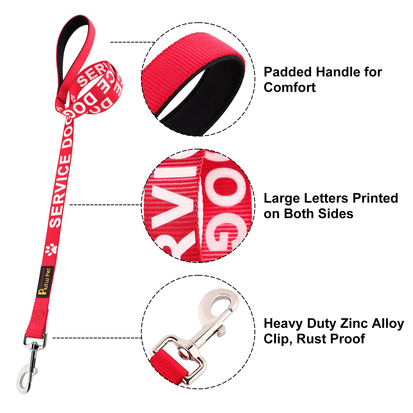 Plutus Pet Service Dog Leash with Soft Neoprene Padded Handle,Printed in Large Letters on Both Sides,4ft Long,Red,5/8'' Wide for