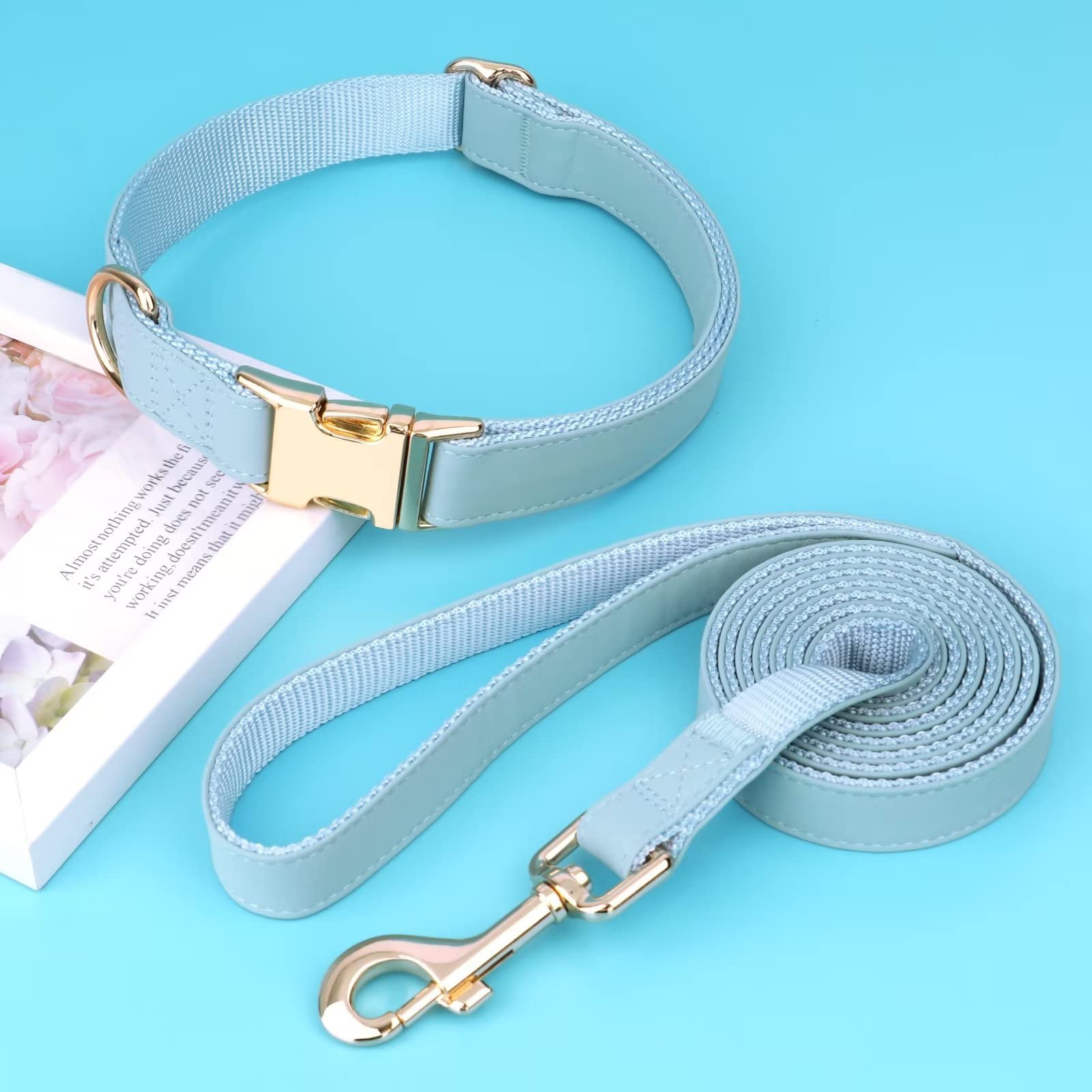 Pet Artist Charming Nylon Dog Collar With Leather Soft Comfy Elegant Nylon Collars For Dogs Small Medium Large 4 Bright Solid Color For Choosing Blue Red Brown Grey (Blue,Neck Fit 13-19'')