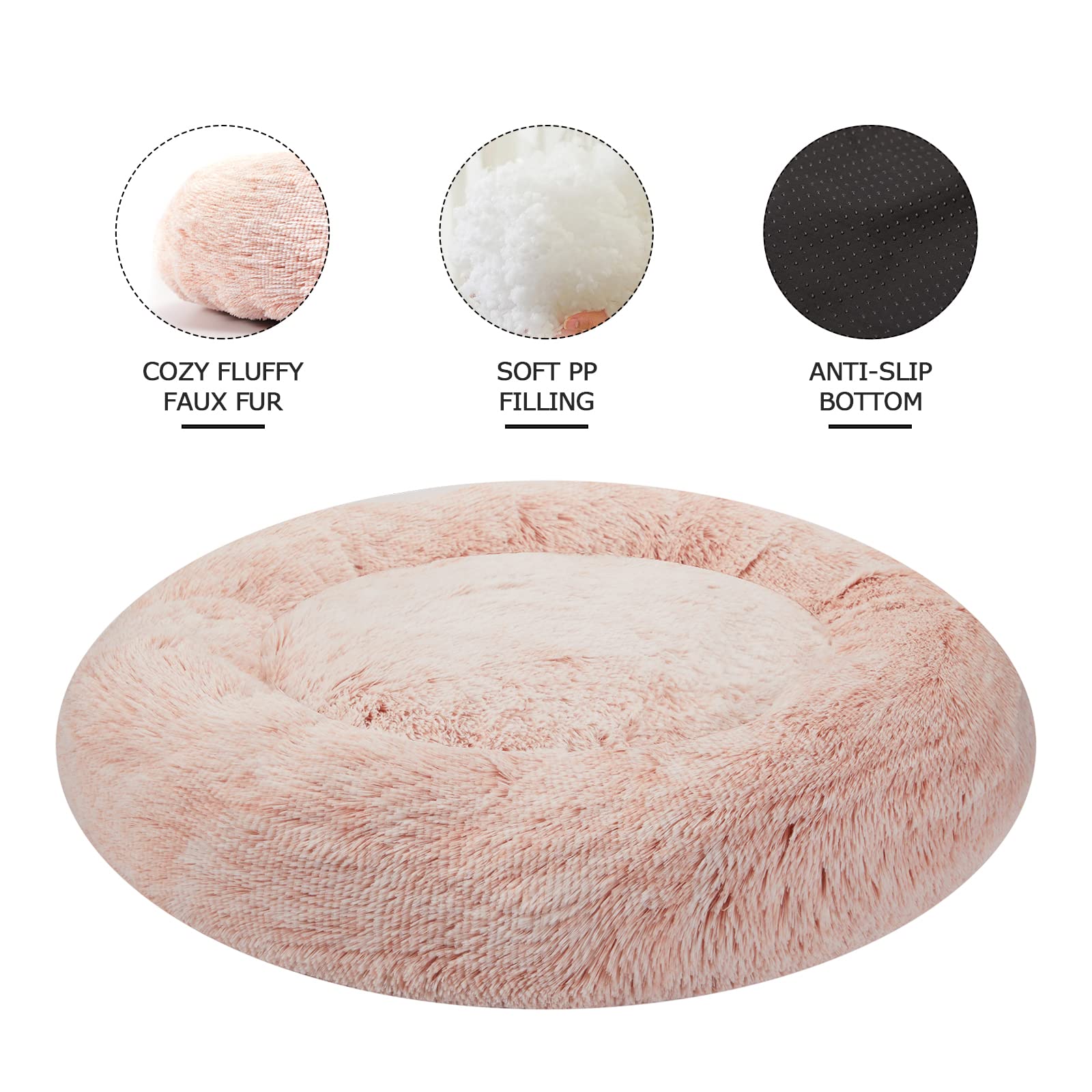 Bedfolks Calming Donut Dog Bed, 36 Inches Round Fluffy Dog Beds For Large Dogs, Anti-Anxiety Plush Dog Bed, Machine Washable Pet Bed (Pink, Large)