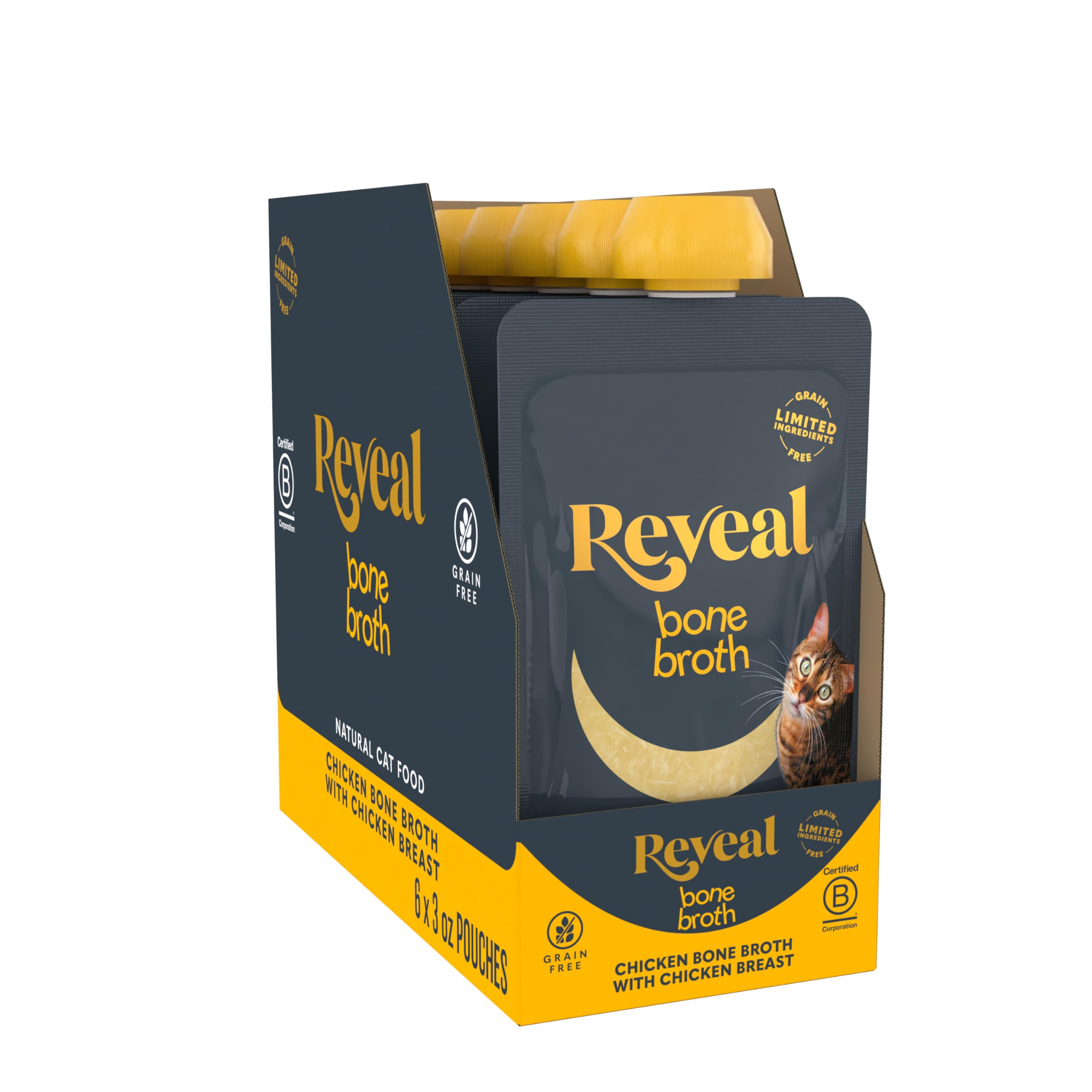 Reveal Chicken Breast Bone Broth Cat Food Topper 6-Pack, Lickable, High Protein, Limited Ingredient, Grain Free, No Fillers or A