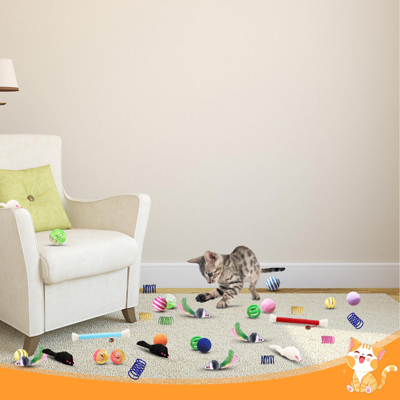 Yuloyi Cat Toys For Indoor Cats - 34 Packs Interactive Set With Colorful Springs, Mouse Toy, Catnip Ropes, Balls, Bells, And Sis
